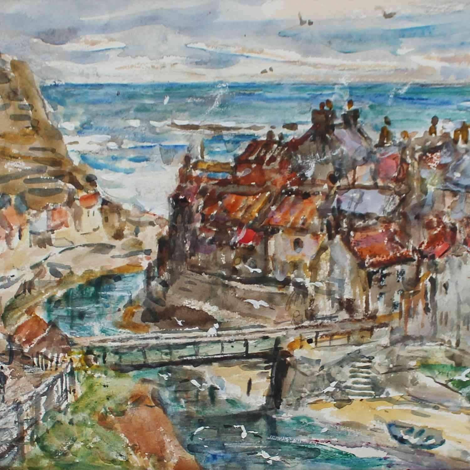 Staithes' a watercolor view of the village of Staithes. Signed and dated to lower left. Later carved, gilt frame.

Hill was a landscape painter in oils and watercolors. He was a member of the Staithes Group, and studied at the Halifax School of