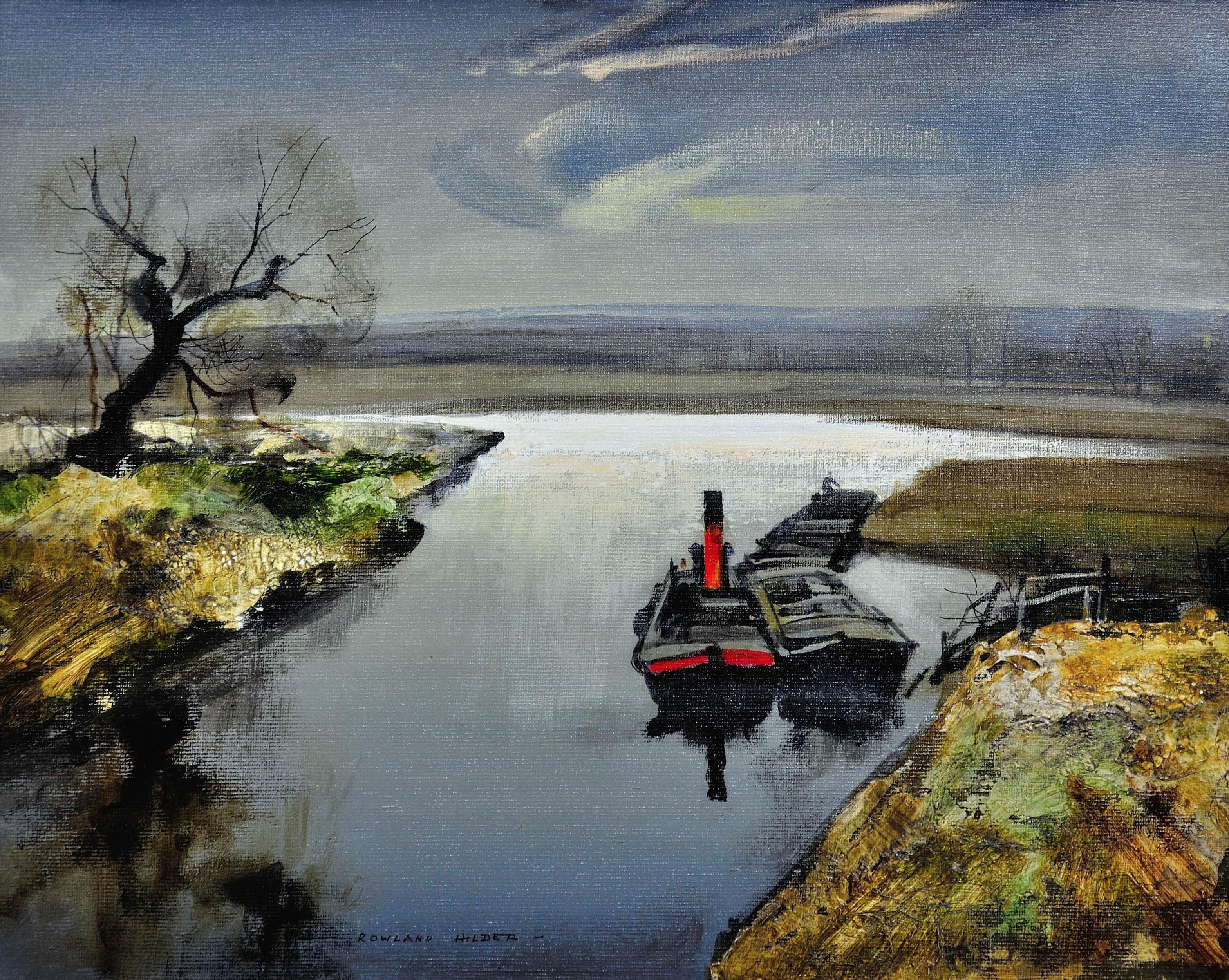 River Bure, Norfolk. East Anglia. English Rural Landscape. Tugboat and Barges. - Painting by Rowland Hilder