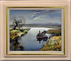 Vintage River Bure, Norfolk. Oil Painting. English Rural Landscape. Tug Boat and Barges.