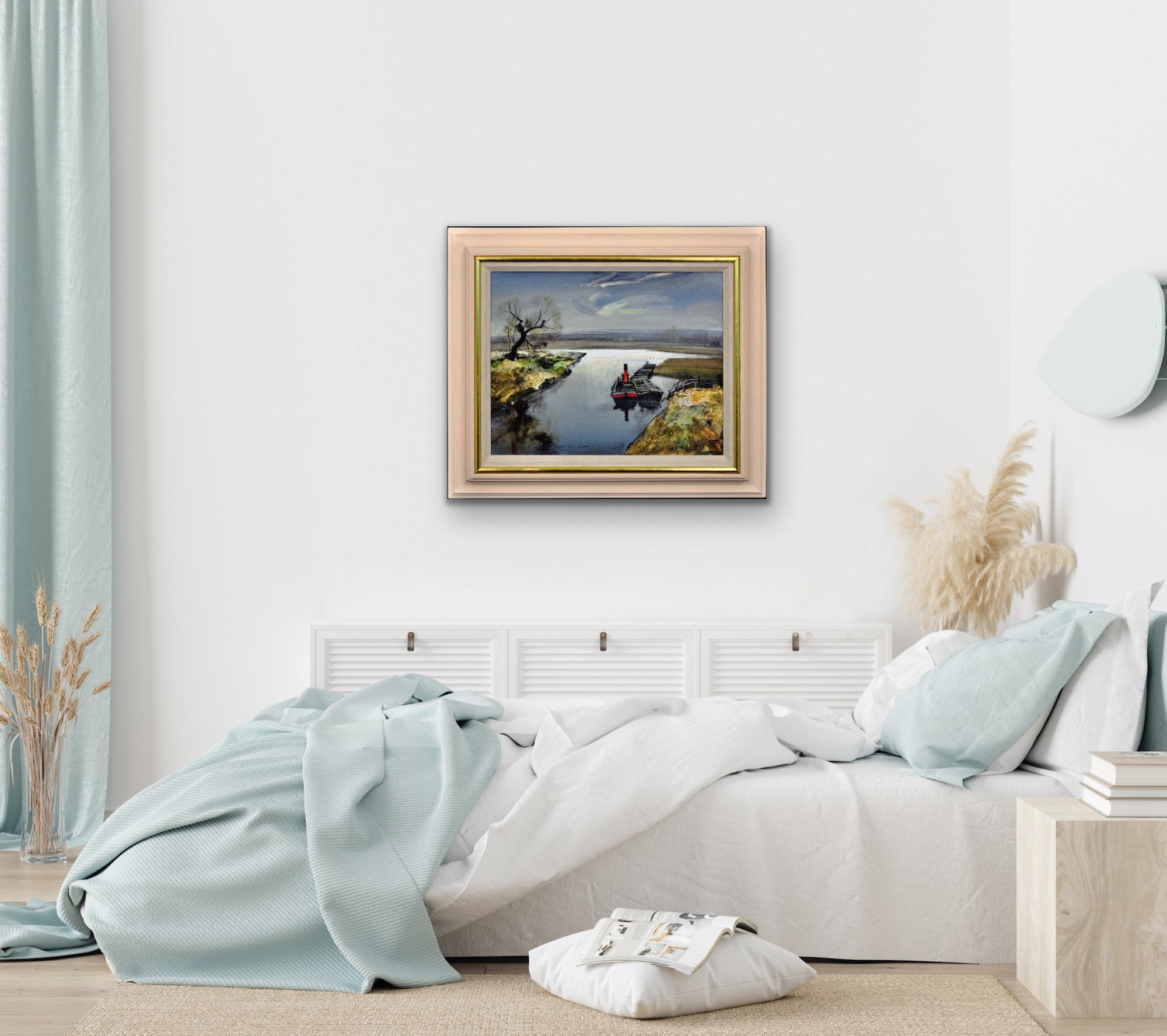 Fiume Bure The Norfolk Broads East Anglia 1950s Paesaggio dipinto ad olio con cornice in vendita 5