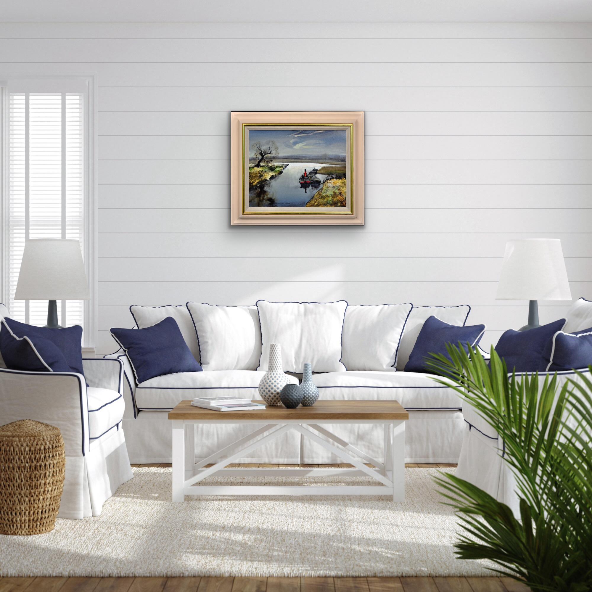 Fiume Bure The Norfolk Broads East Anglia 1950s Paesaggio dipinto ad olio con cornice in vendita 12