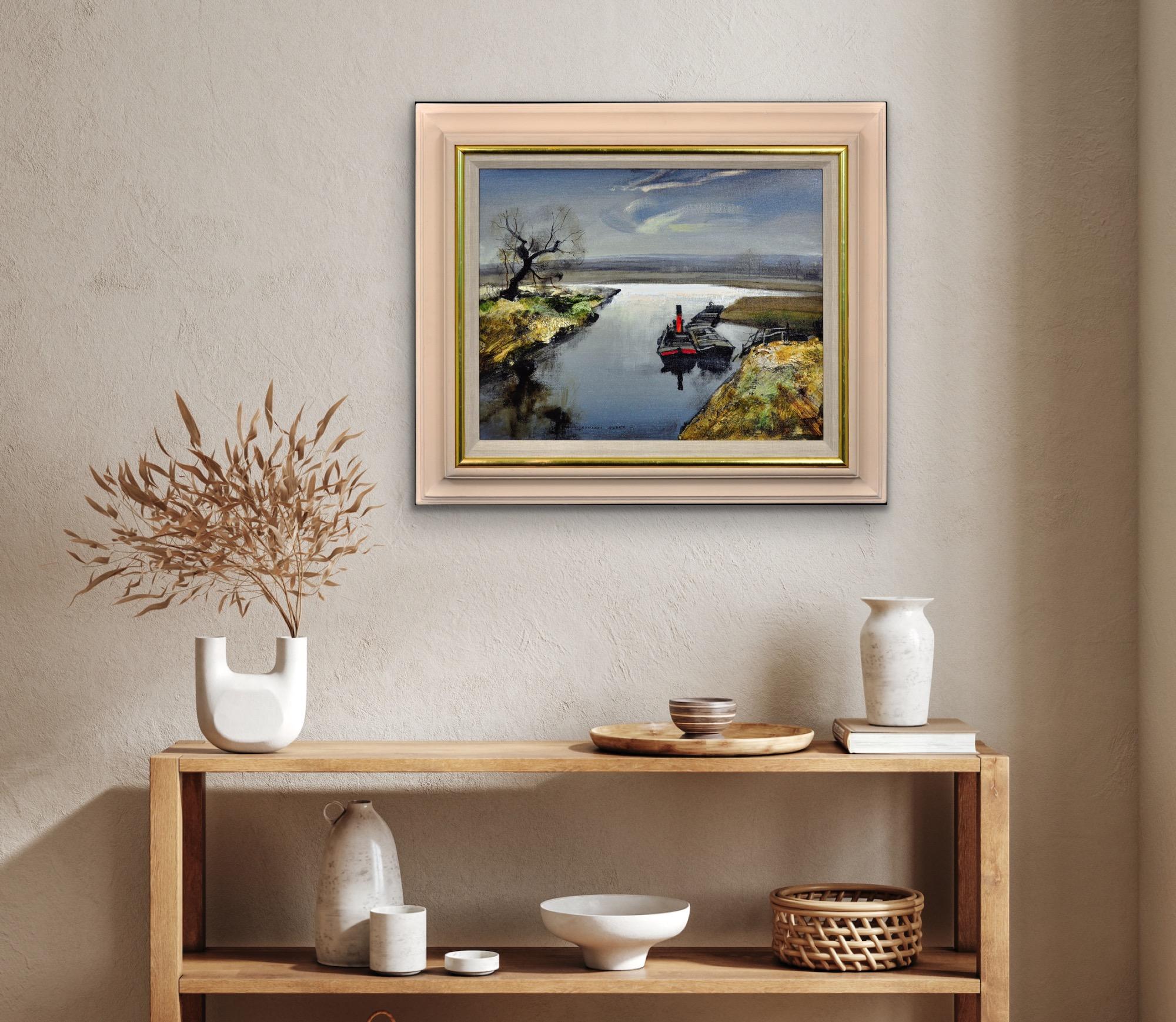 Fiume Bure The Norfolk Broads East Anglia 1950s Paesaggio dipinto ad olio con cornice in vendita 13