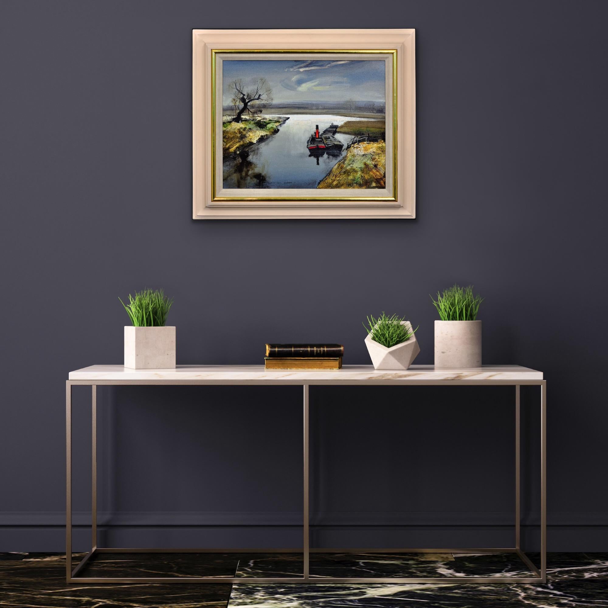 Fiume Bure The Norfolk Broads East Anglia 1950s Paesaggio dipinto ad olio con cornice in vendita 1