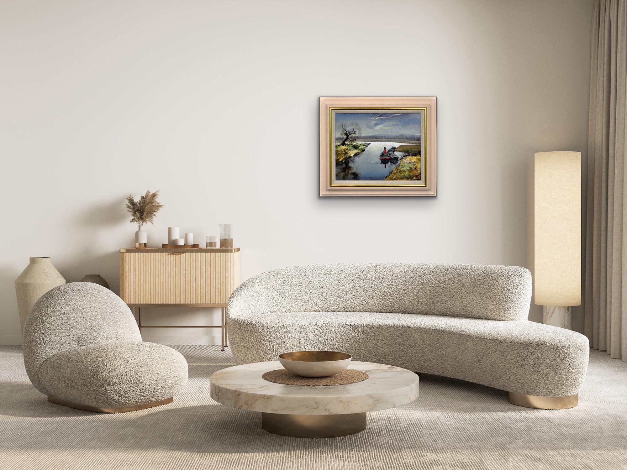 Fiume Bure The Norfolk Broads East Anglia 1950s Paesaggio dipinto ad olio con cornice in vendita 2
