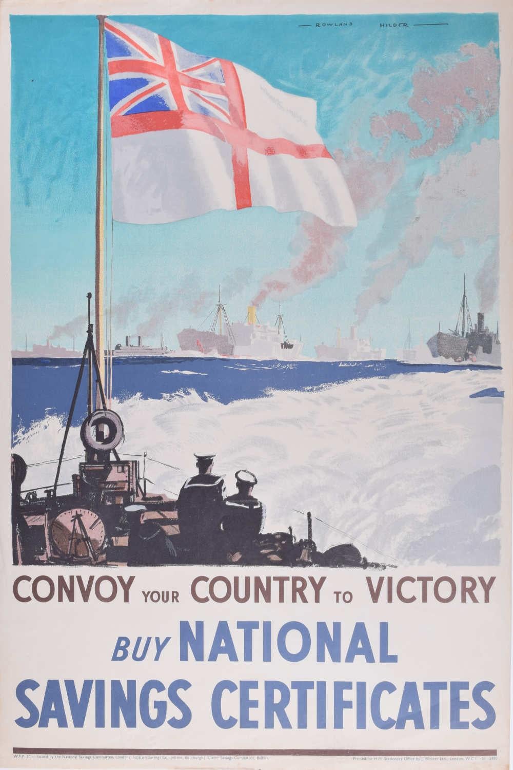 Rowland Hilder
Lleva a tu país a la victoria
Litografía
75 x 51 cm 

Este cartel era una pieza de propaganda británica emitida durante la Segunda Guerra Mundial por el Comité Nacional de Ahorro. Formaba parte de una campaña más amplia para animar a