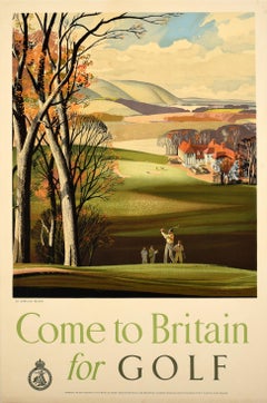 Original Vintage Sport Travel Poster Come To Britain For Golf Rowland Hilder UK