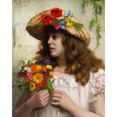 Victorian Oil Painting, Portrait Of A Girl With Wildflowers, Flora