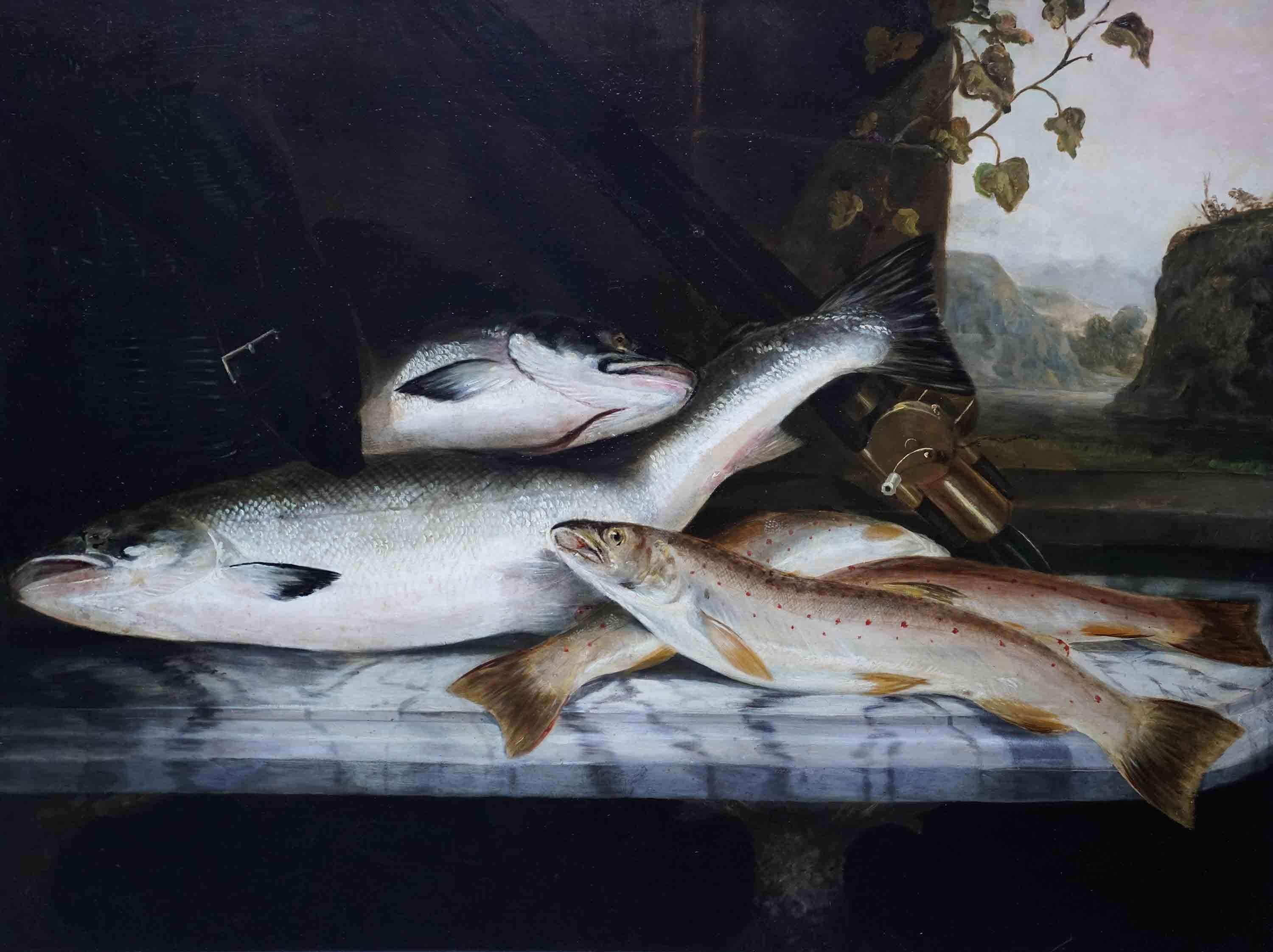 Angling Stillleben mit Fischen – britische edwardianische Kunst 1910 Ölgemälde, Fischen  – Painting von Rowland Knight