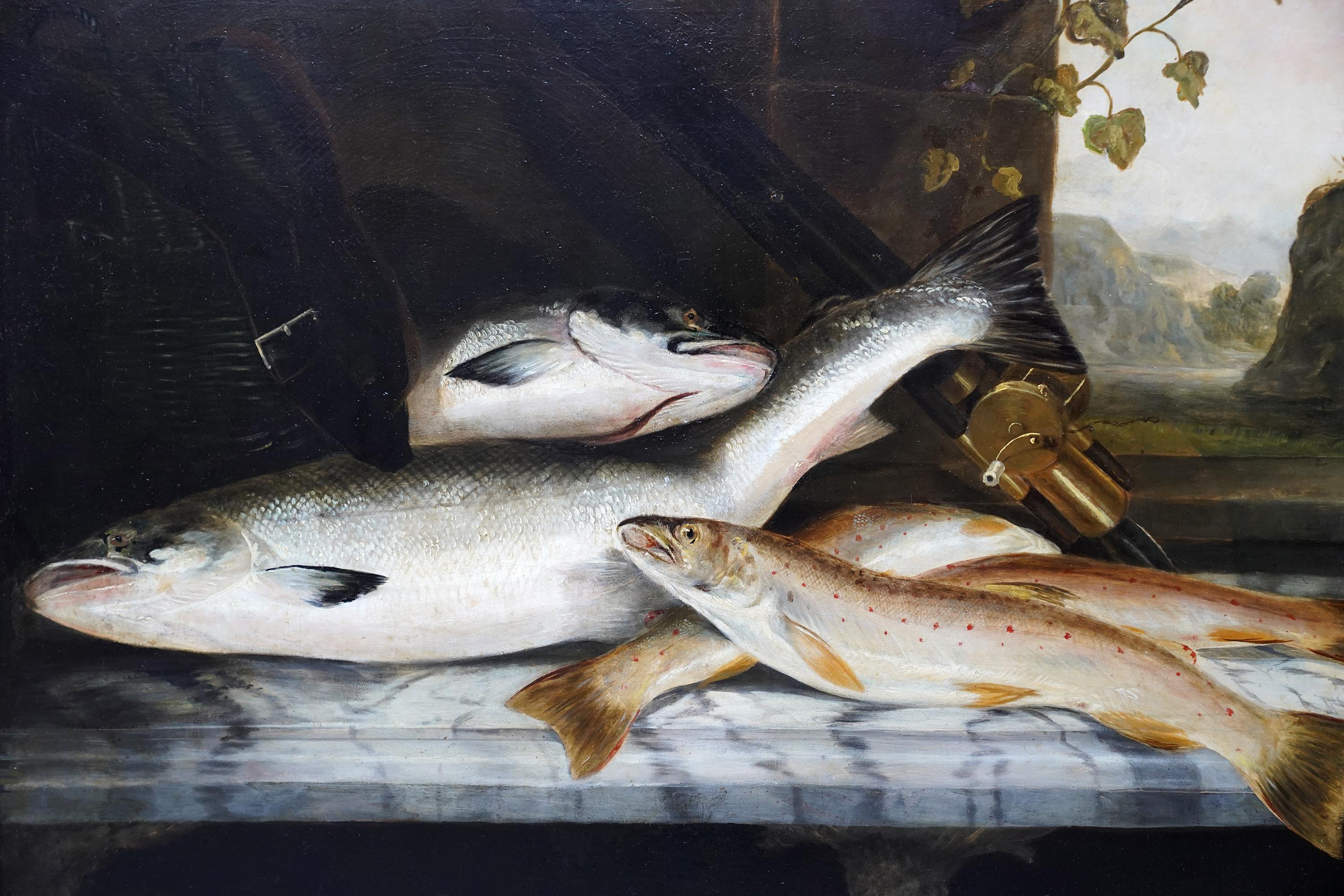 This beautifully composed British Edwardian still life oil painting is attributed to noted fish artist Rowland Knight. Painted circa 1910 it is a still life of salmon and rainbow trout with all their beautiful markings. The fish are arranged on a