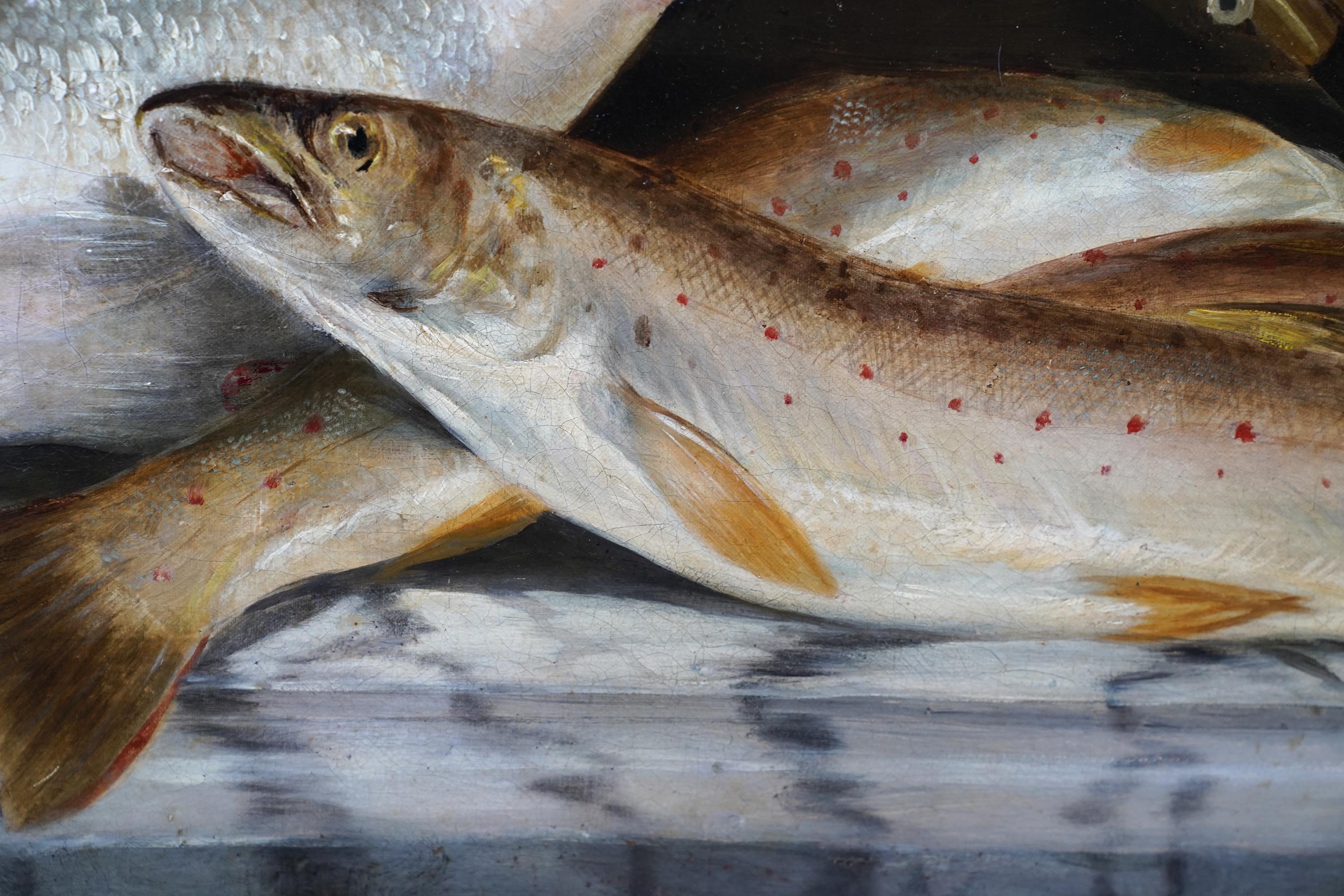 Angling Stillleben mit Fischen – britische edwardianische Kunst 1910 Ölgemälde, Fischen  im Angebot 1