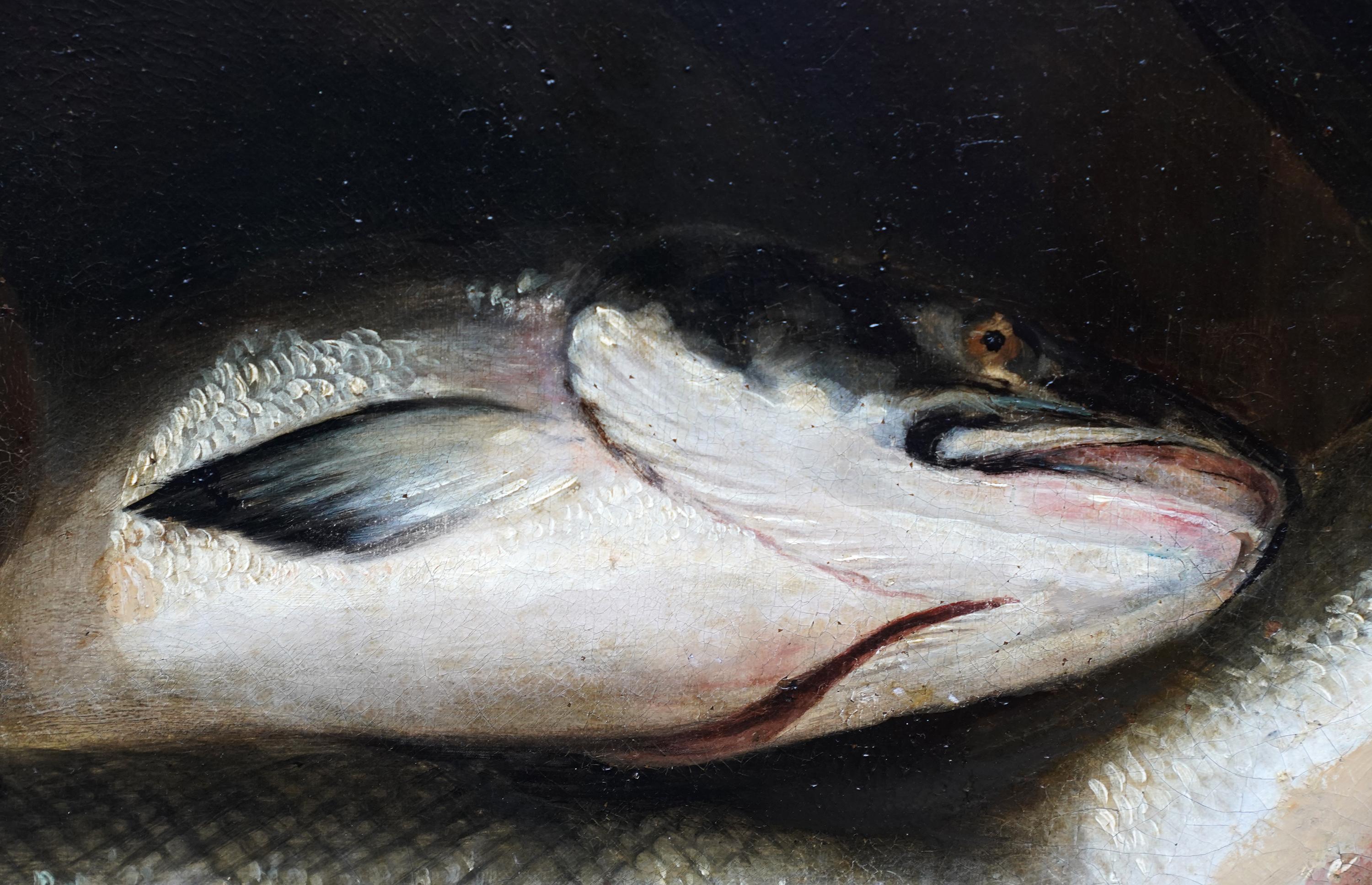 Angling Stillleben mit Fischen – britische edwardianische Kunst 1910 Ölgemälde, Fischen  im Angebot 2