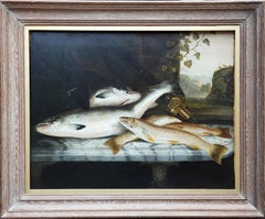Angling Still Life of Fish - British Edwardian art 1910 oil painting fishing 