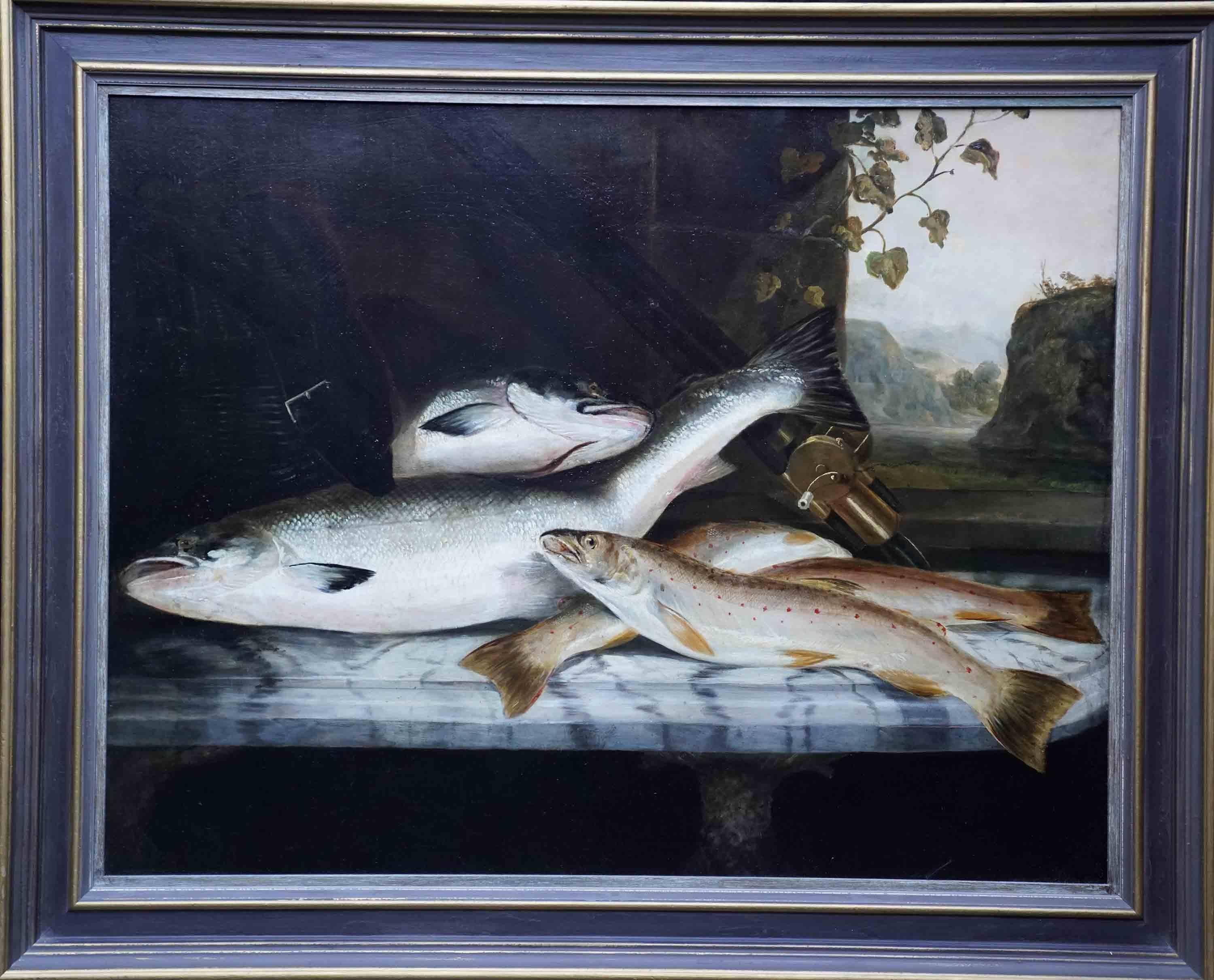 Rowland Knight Still-Life Painting – Angling Stillleben mit Fischen – britische edwardianische Kunst 1910 Ölgemälde, Fischen 