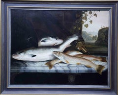 Angling Stillleben mit Fischen – britische edwardianische Kunst 1910 Ölgemälde, Fischen 