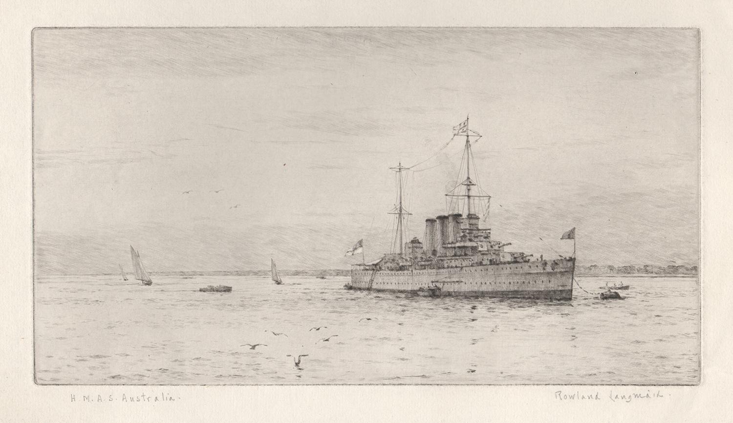 'HMAS Australia'

Signed in pencil by the artist below the image. 

Rowland Langmaid was a marine painter and etcher who studied under William Lionel Wylie. Langmaid joined the Royal Navy in 1910 and went to sea at the beginning of the First World