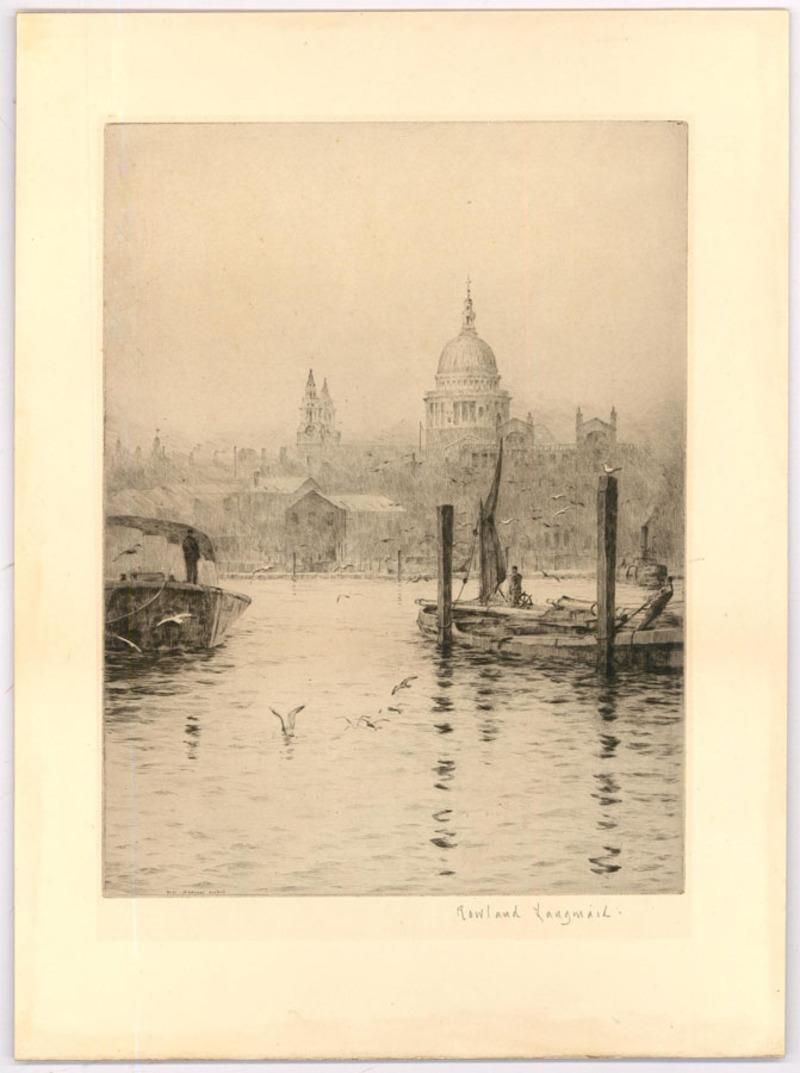 An original early 20th century etching of St Paul's Cathedral from across the River Thames, by Rowland Langmaid (1897-1956). The artist has signed and dated in the plate. The print is also signed in graphite to the lower margin, with an academy