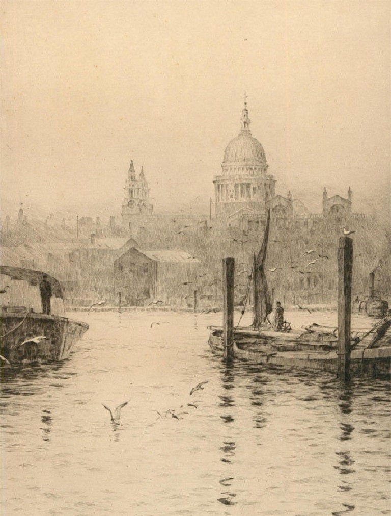 Eine Originalradierung von Rowland Langmaid (1897-1956) aus dem frühen 20. Jahrhundert, die die St. Paul's Cathedral von der anderen Seite der Themse zeigt. Der Künstler hat in der Platte signiert und datiert. Der Abzug ist am unteren Rand in