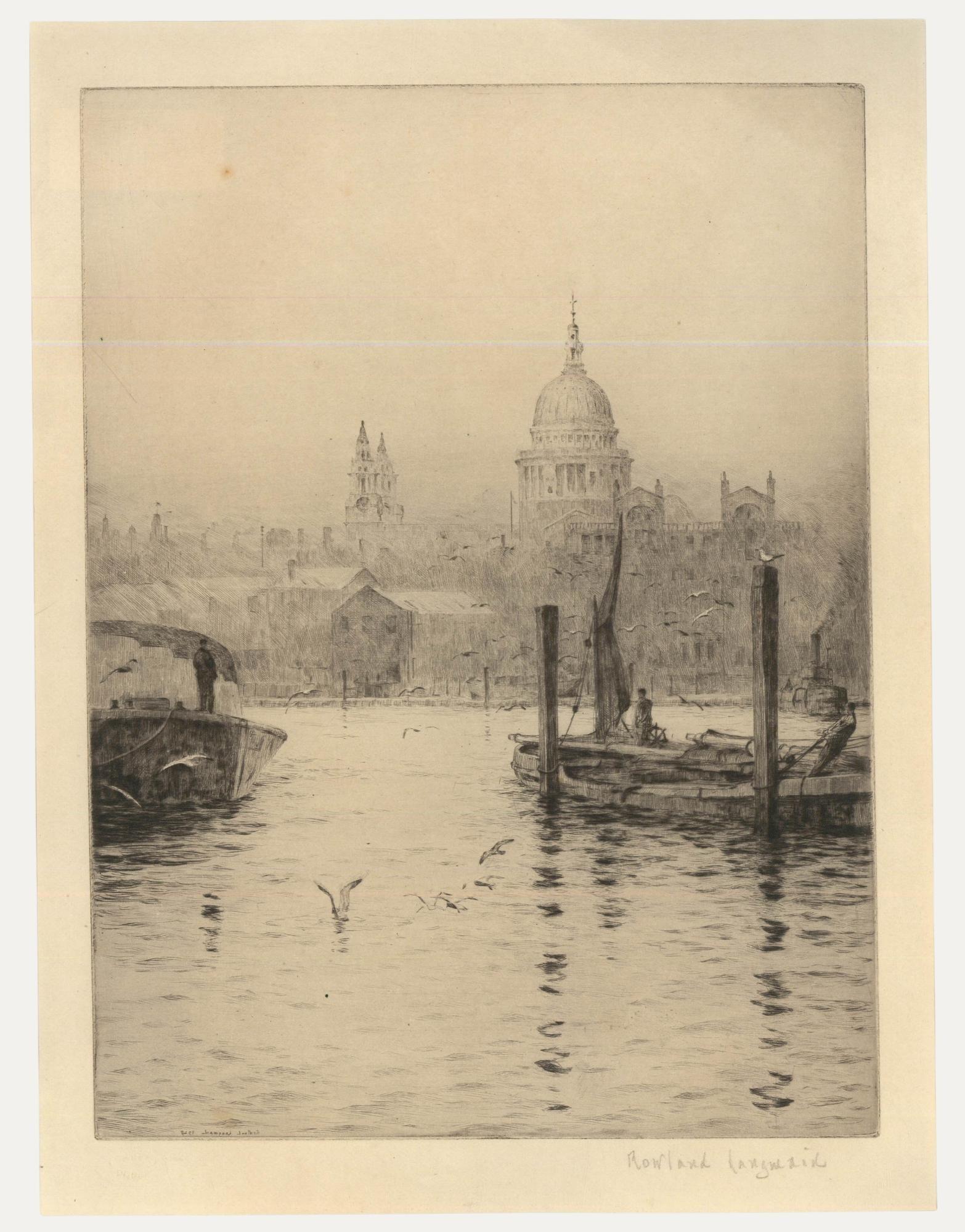 An original drypoint etching by the listed artist Rowland Langmaid (1897-1956). The artwork depicts a view of St Paul's Cathedral from across the river. Signed in pencil to the lower right. Also signed in plate to the lower left. Blind stamped to