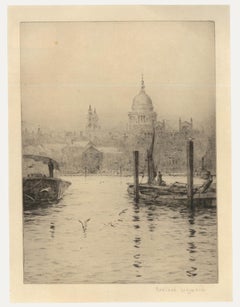 Rowland Langmaid RA (1897-1956) - Gravure de 1929, St Paul vu de la rivière
