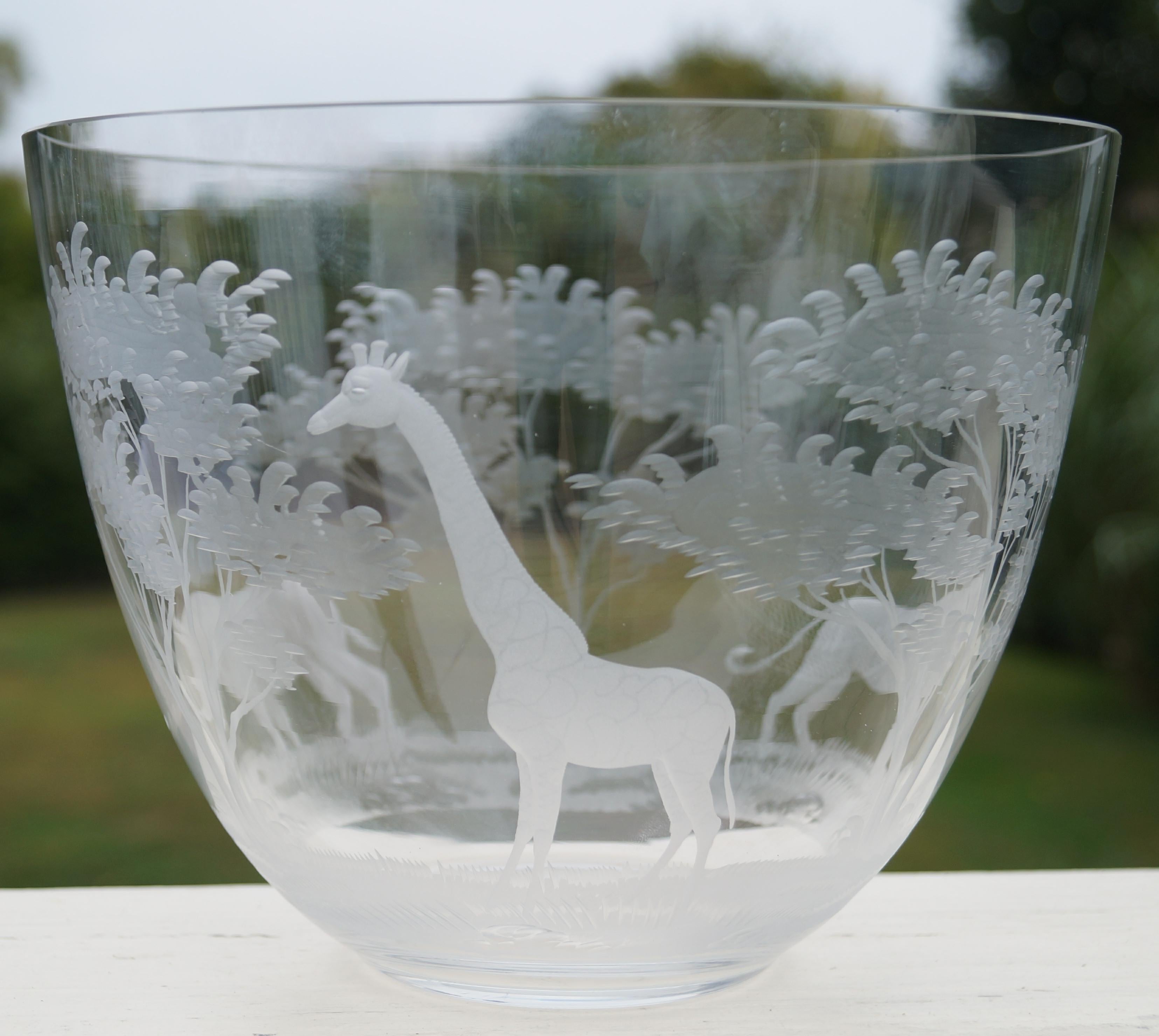 Sporting Art Rowland Ward Etched Crystal  Animals Moser Glass Big Game African Safari Bowl For Sale