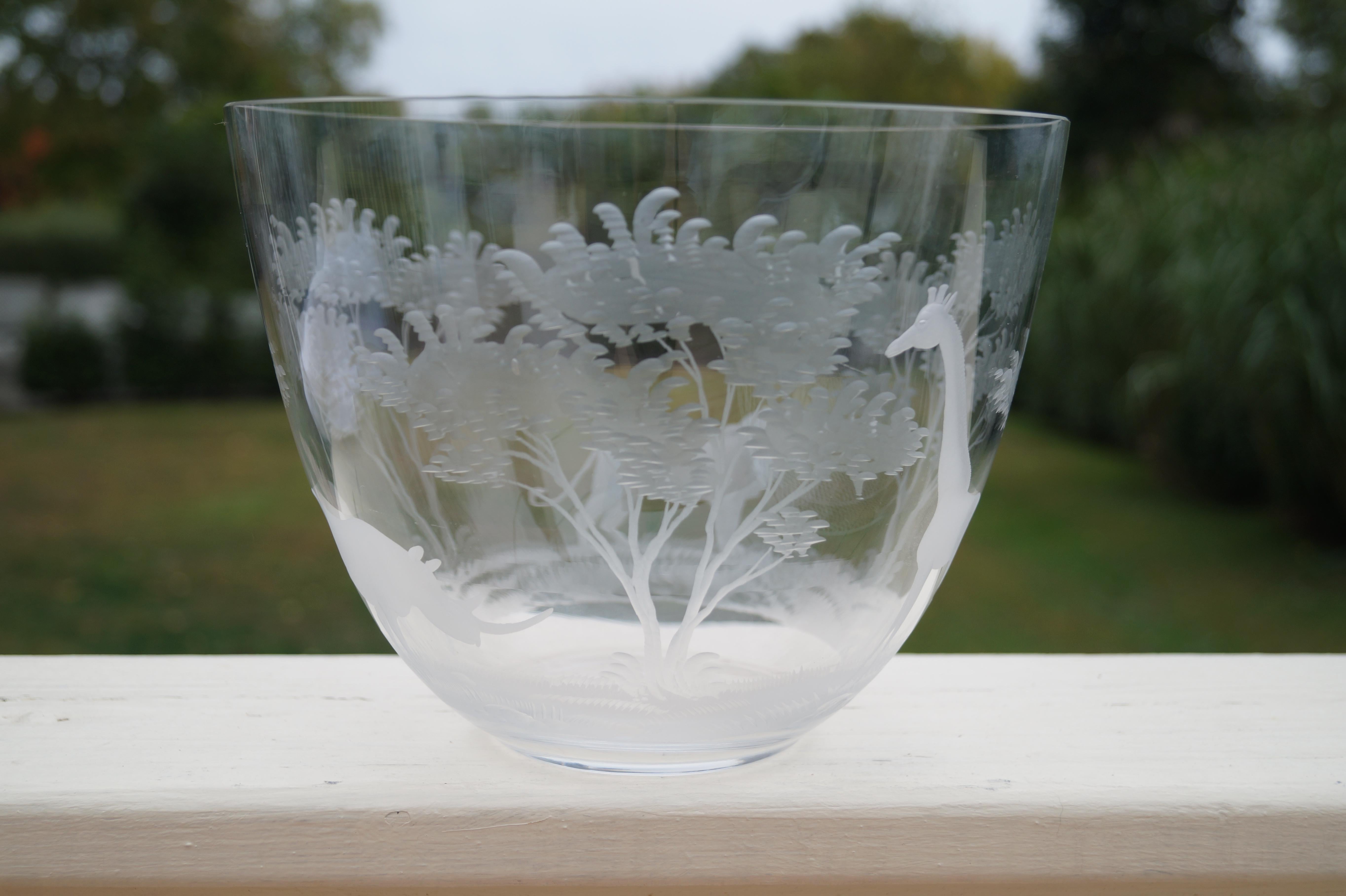 English Rowland Ward Etched Crystal  Animals Moser Glass Big Game African Safari Bowl For Sale