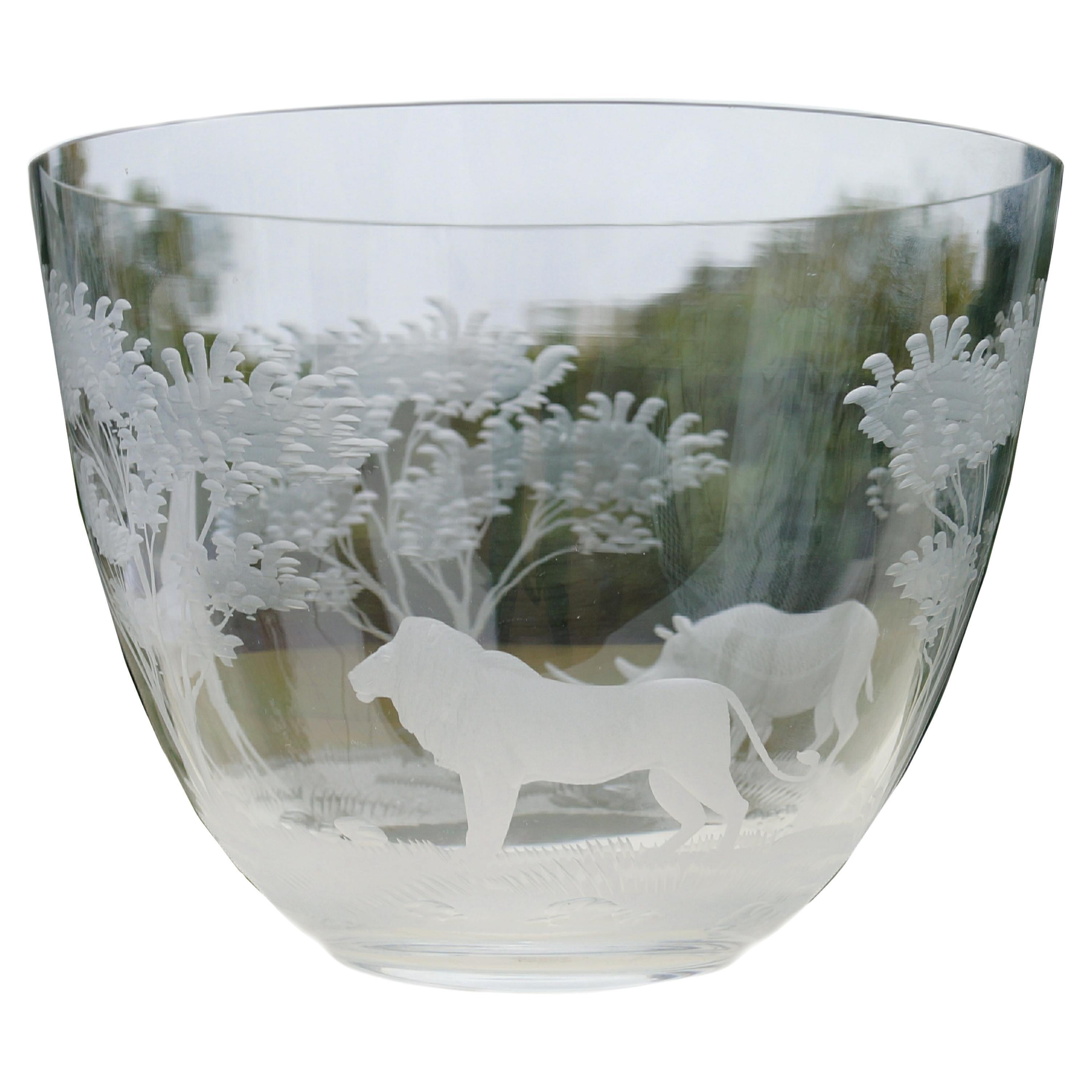 Rowland Ward Etched Crystal  Animals Moser Glass Big Game African Safari Bowl For Sale
