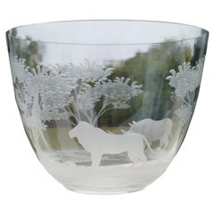 Vintage Rowland Ward Etched Crystal  Animals Moser Glass Big Game African Safari Bowl