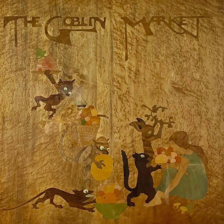Pannello in legno a intarsio colorato incorniciato della Rowley Gallery

Il mercato dei folletti

Dopo la poesia di Christina Rossetti

Progettato da W.A. Inseguimento

Rowley Gallery

Circa 1920

Altezza 78 cm. Larghezza 78 cm

Questo pannello in