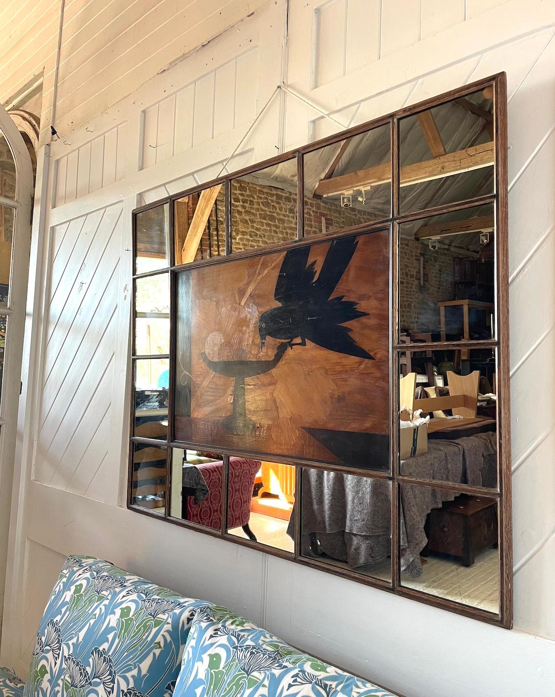 Rowley Gallery large framed inlay wood panel

The frame work consisting of 14 mirror glass panels

The panel design is 'Blackbird and Fruit'

By W.A. Chase

Rowley Gallery

Circa 1920s

Height 94cm. Width 120cm. Depth 2cm

The Rowley Gallery was