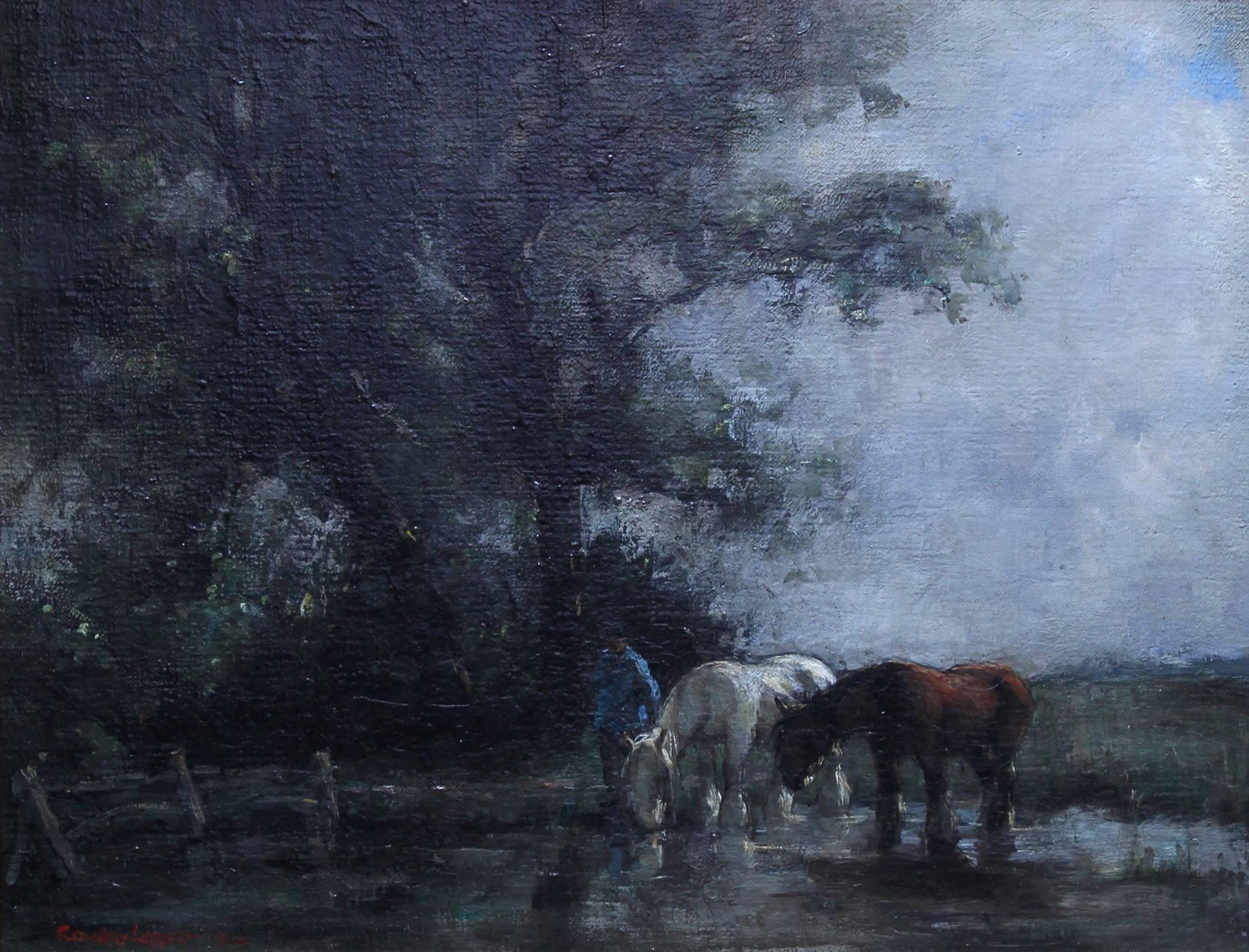 Watering Horses - British Edwardian Impressionist art oil painting female artist - Painting by Rowley Leggett