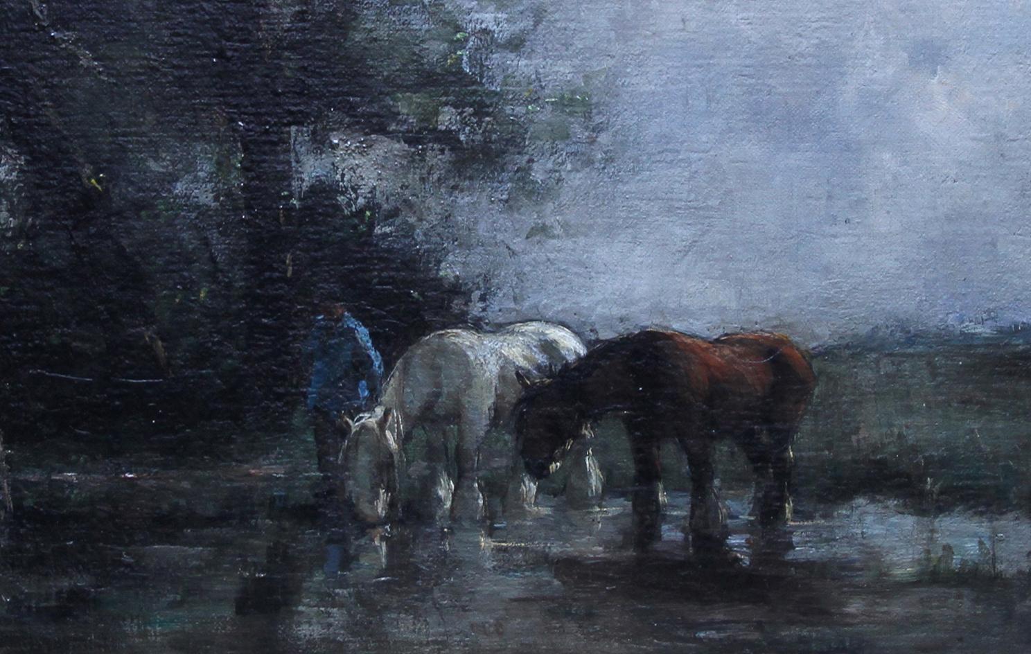 A  stunning Edwardian oil on canvas by female artist Rowley Leggett who was a Surrey based artist. She was a noted rustic landscape painter and specialised in these sort of landscape scenes, this one portraying a horse watering in a forest of