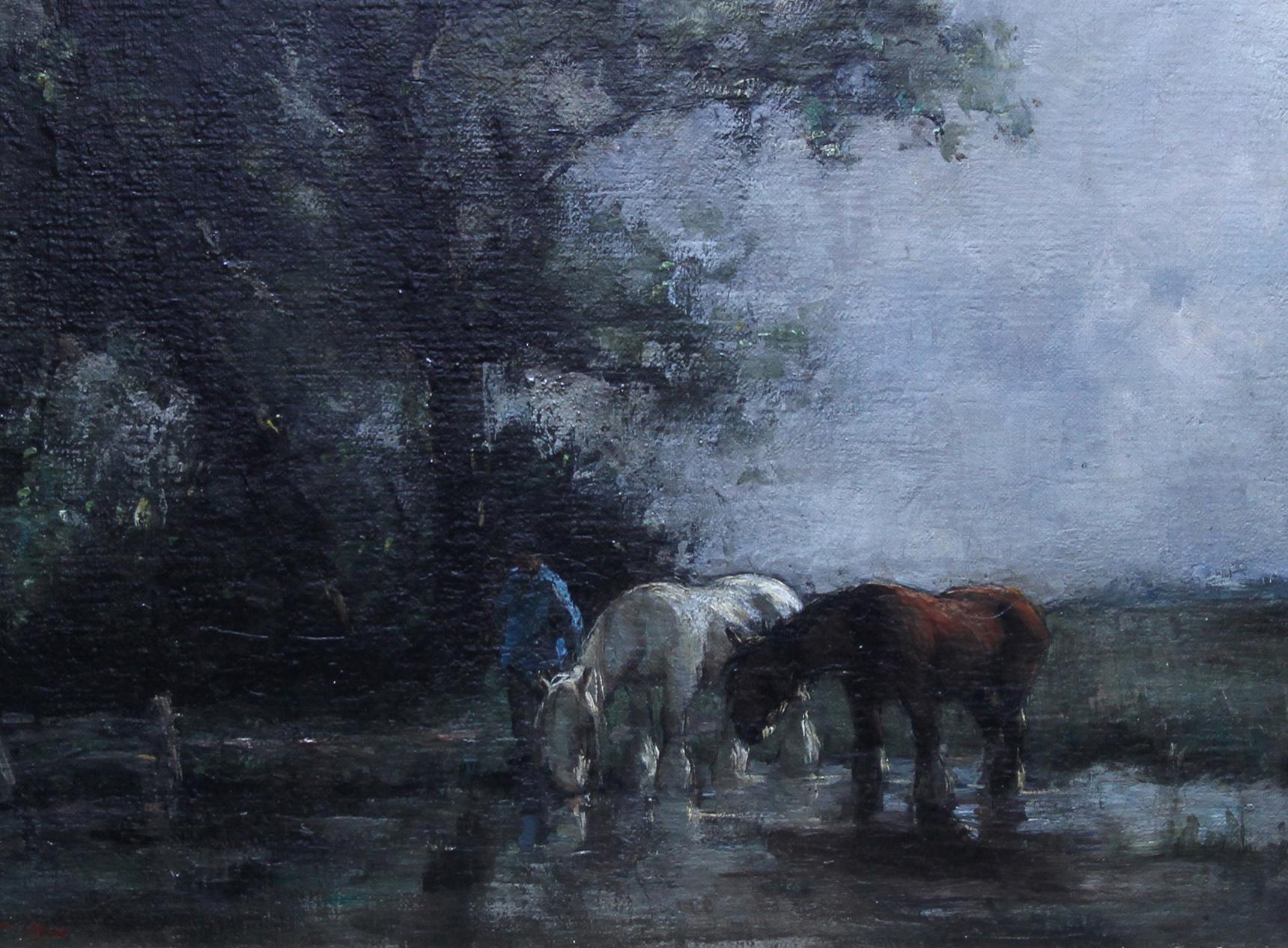 Watering Horses - British Edwardian Impressionist art oil painting female artist For Sale 2