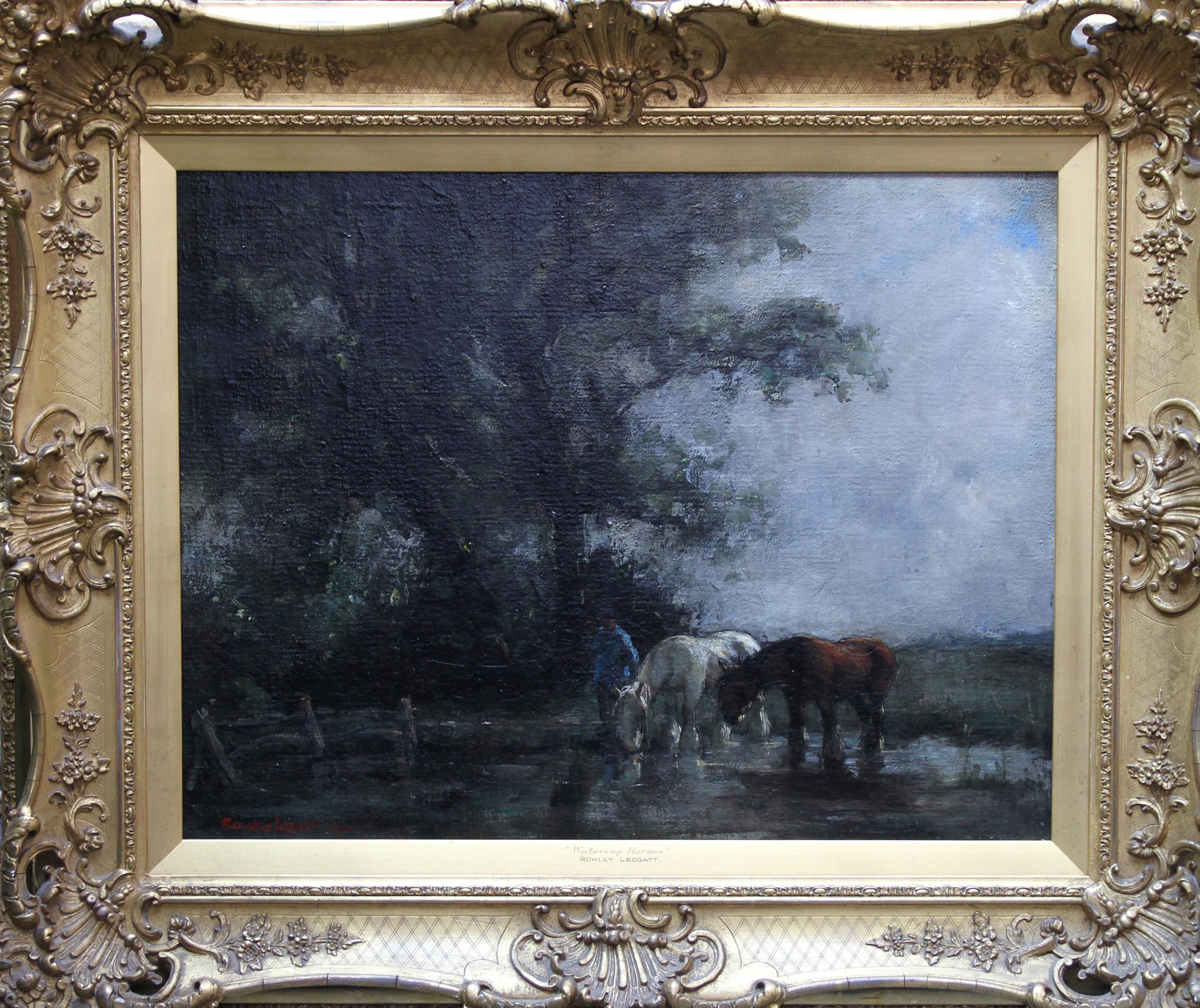Watering Horses - British Edwardian Impressionist art oil painting female artist For Sale 6