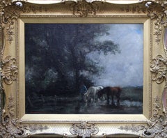 Antique Watering Horses - British Edwardian Impressionist art oil painting female artist