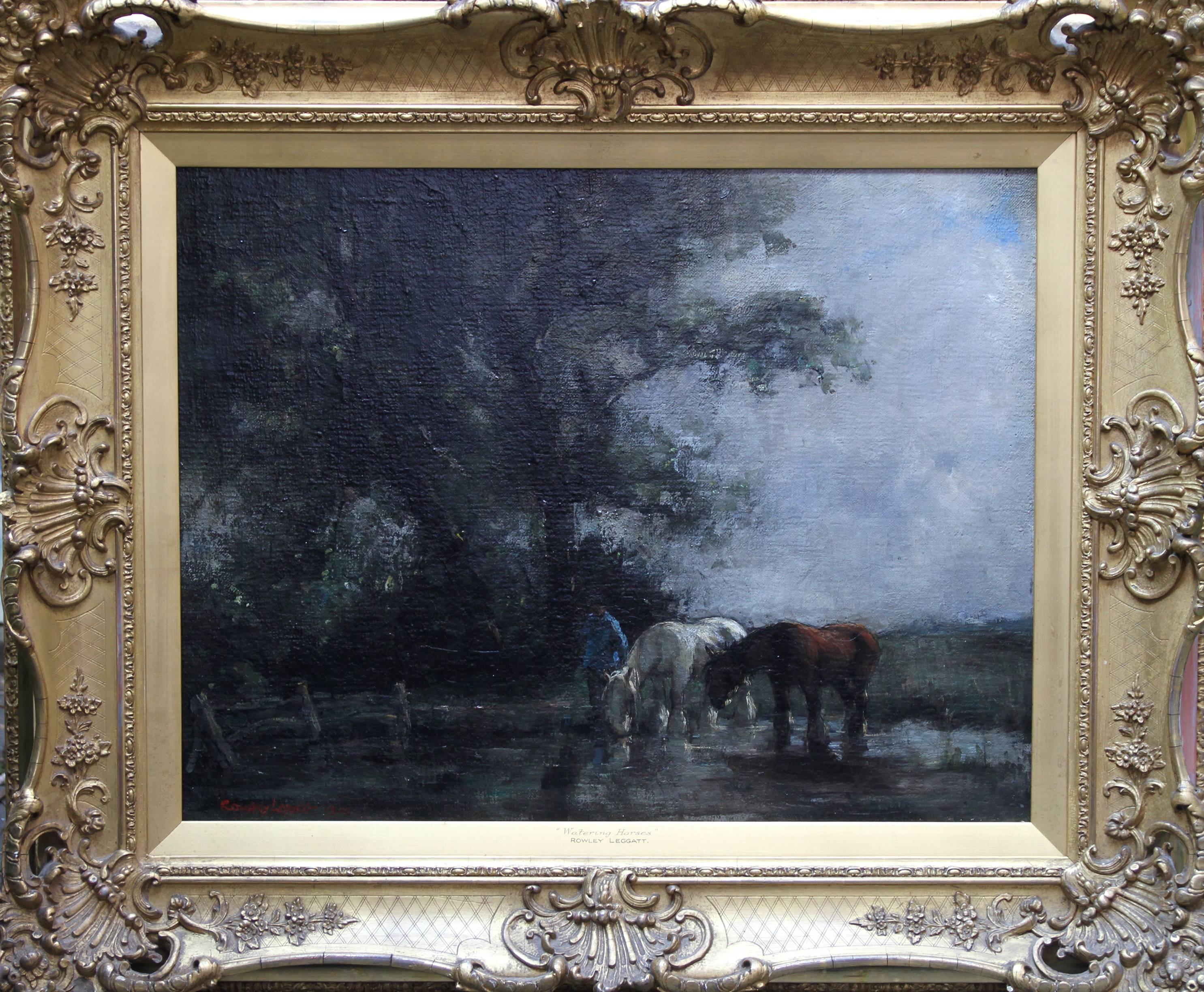 Peinture à l'huile impressionniste édouardienne britannique « Watering Horses » représentant une artiste féminine