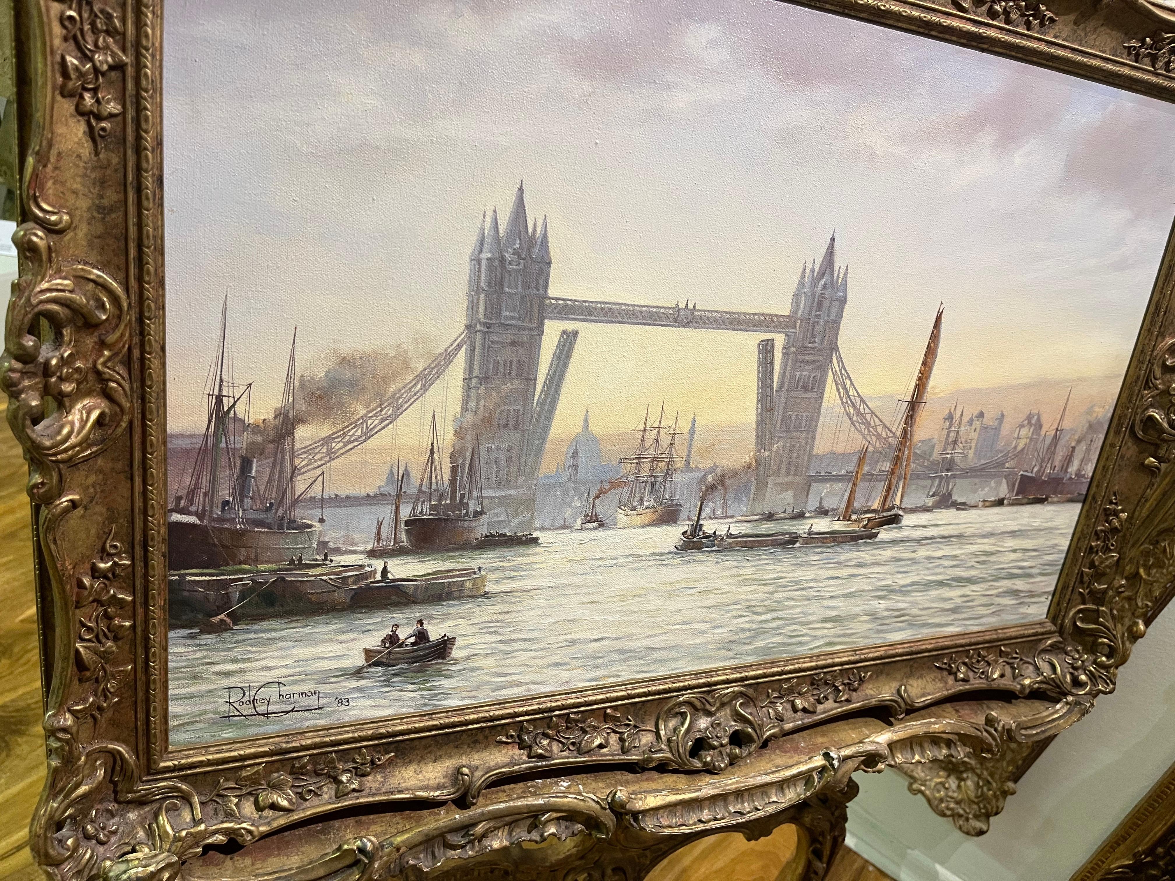 OIL PAINTING MARITIME Di Rowney Charman Grande nave Master Piece dei docks di Londra - Landscape Painting Beige di rowney charman