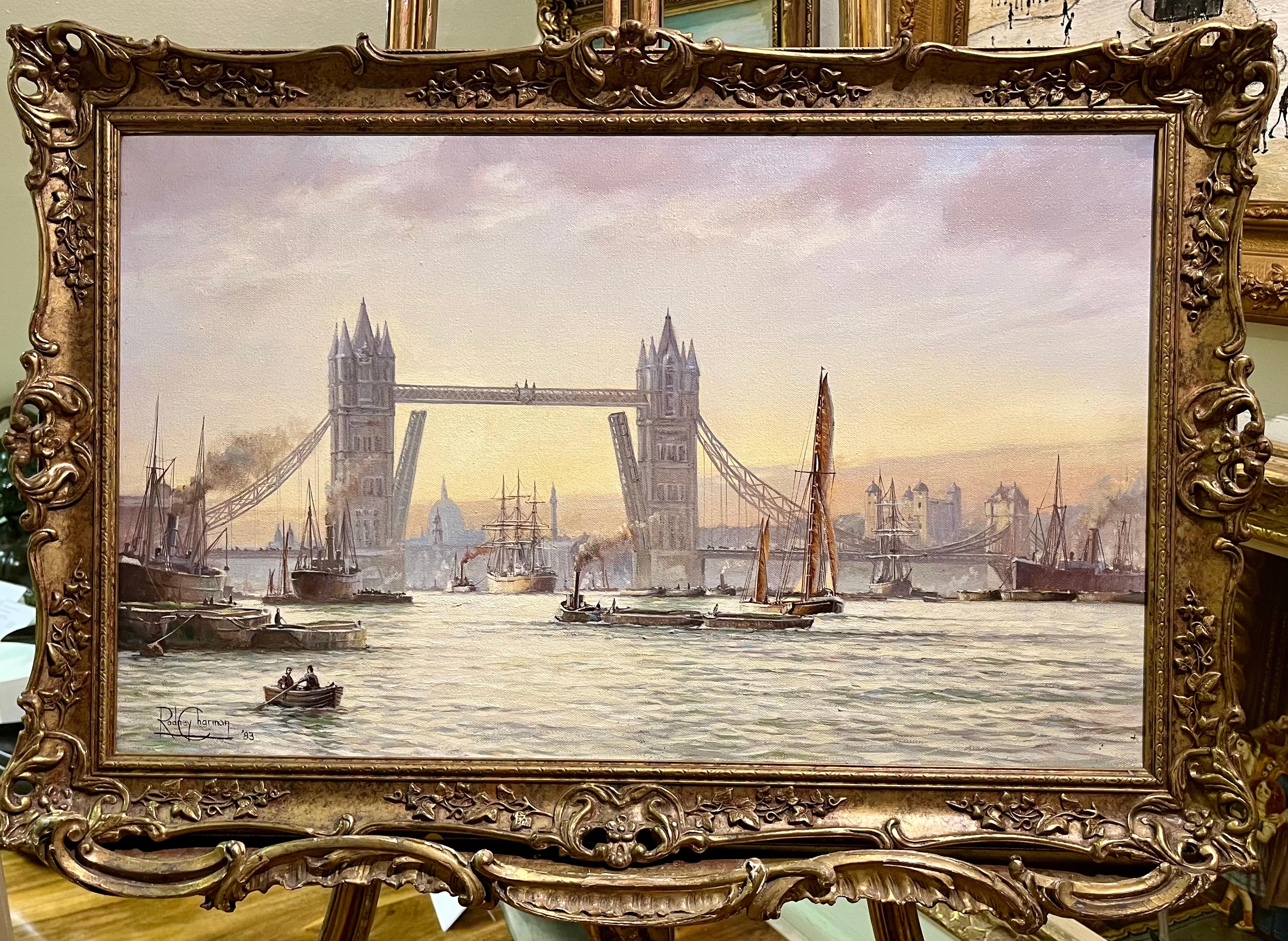 Landscape Painting di rowney charman - OIL PAINTING MARITIME Di Rowney Charman Grande nave Master Piece dei docks di Londra