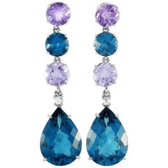 Roxa 18K White Gold 0.11 ct Diamond, Amethyst and Royal Blue Topaz Drop Earrings