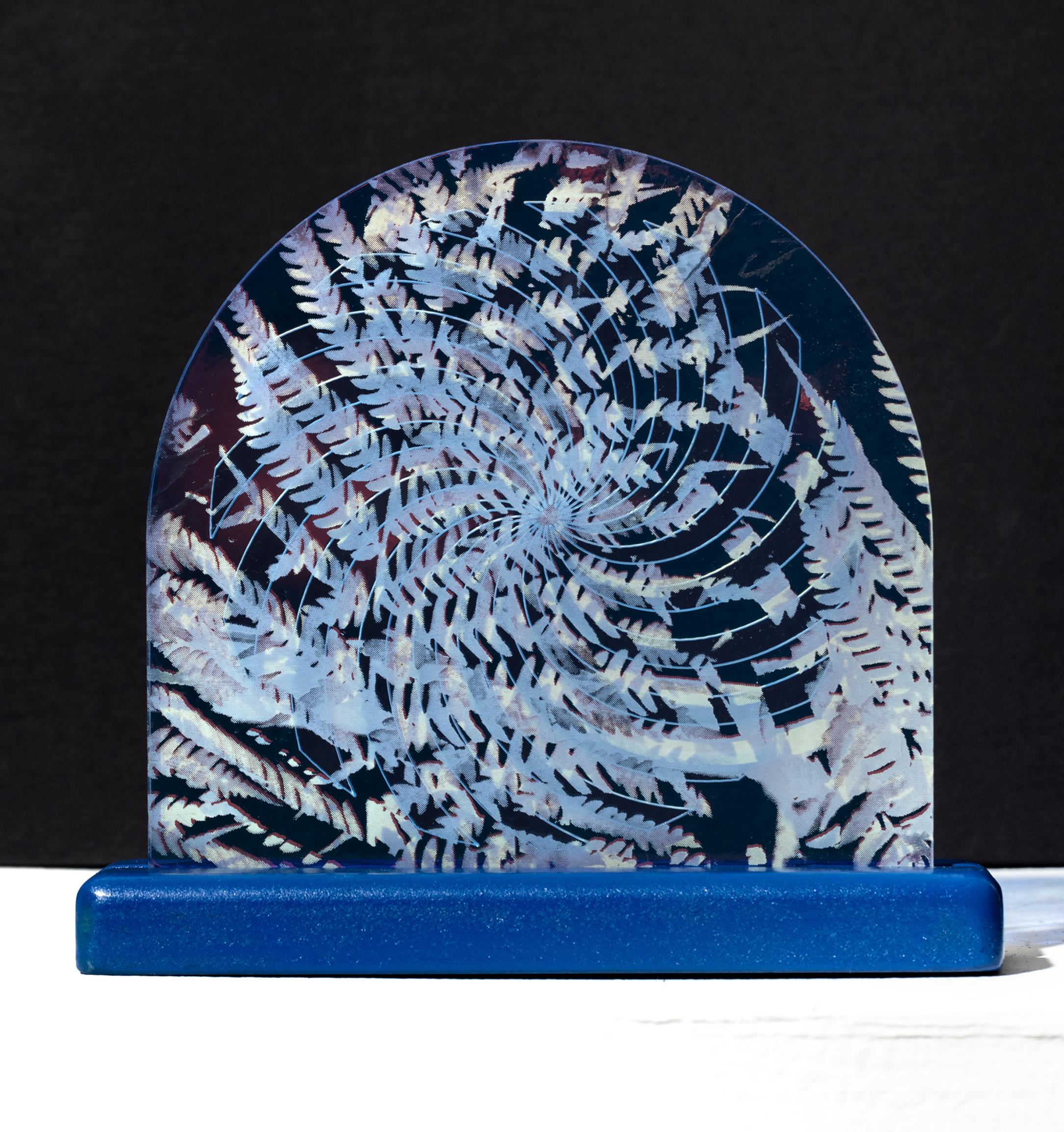 Roxana Azar Abstract Sculpture - "Fern Spiral Series 3" Iridescent, Dichroic material, Botanical, sculpture