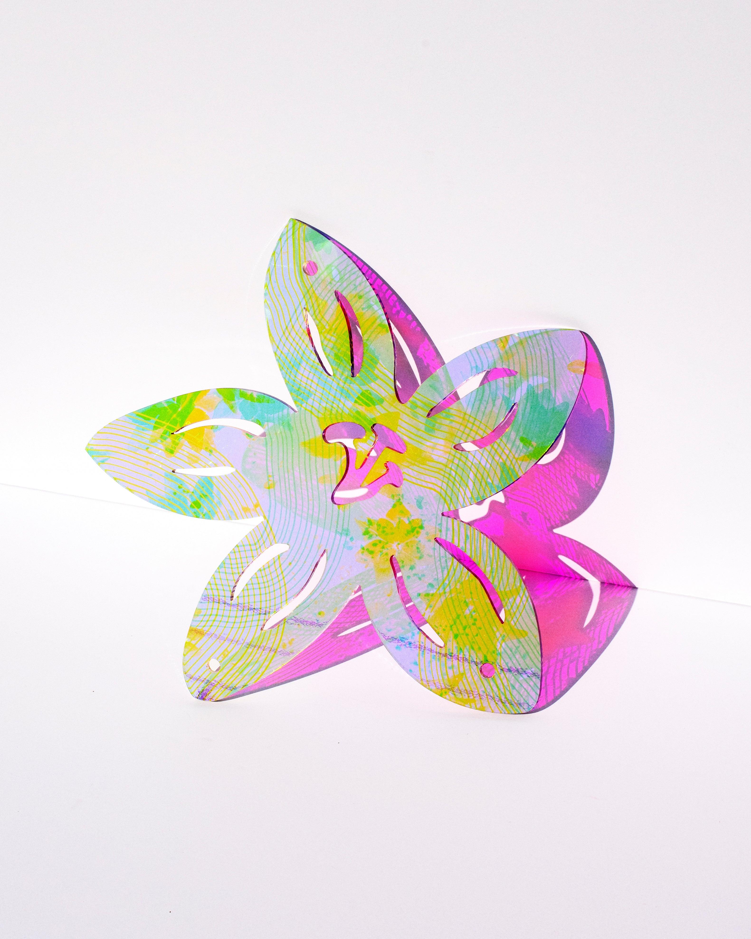 Lily - contemporary floral mirrored hanging sculpture, vibrant printed acrylic - Sculpture by Roxana Azar