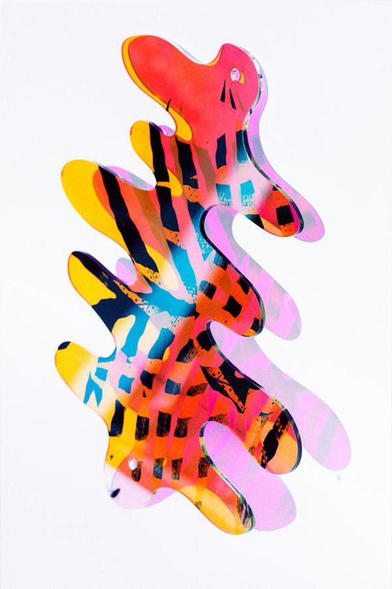 Roxana Azar Abstract Sculpture - Smokey Wave  - contemporary abstract mirrored sculpture, printed acrylic shape