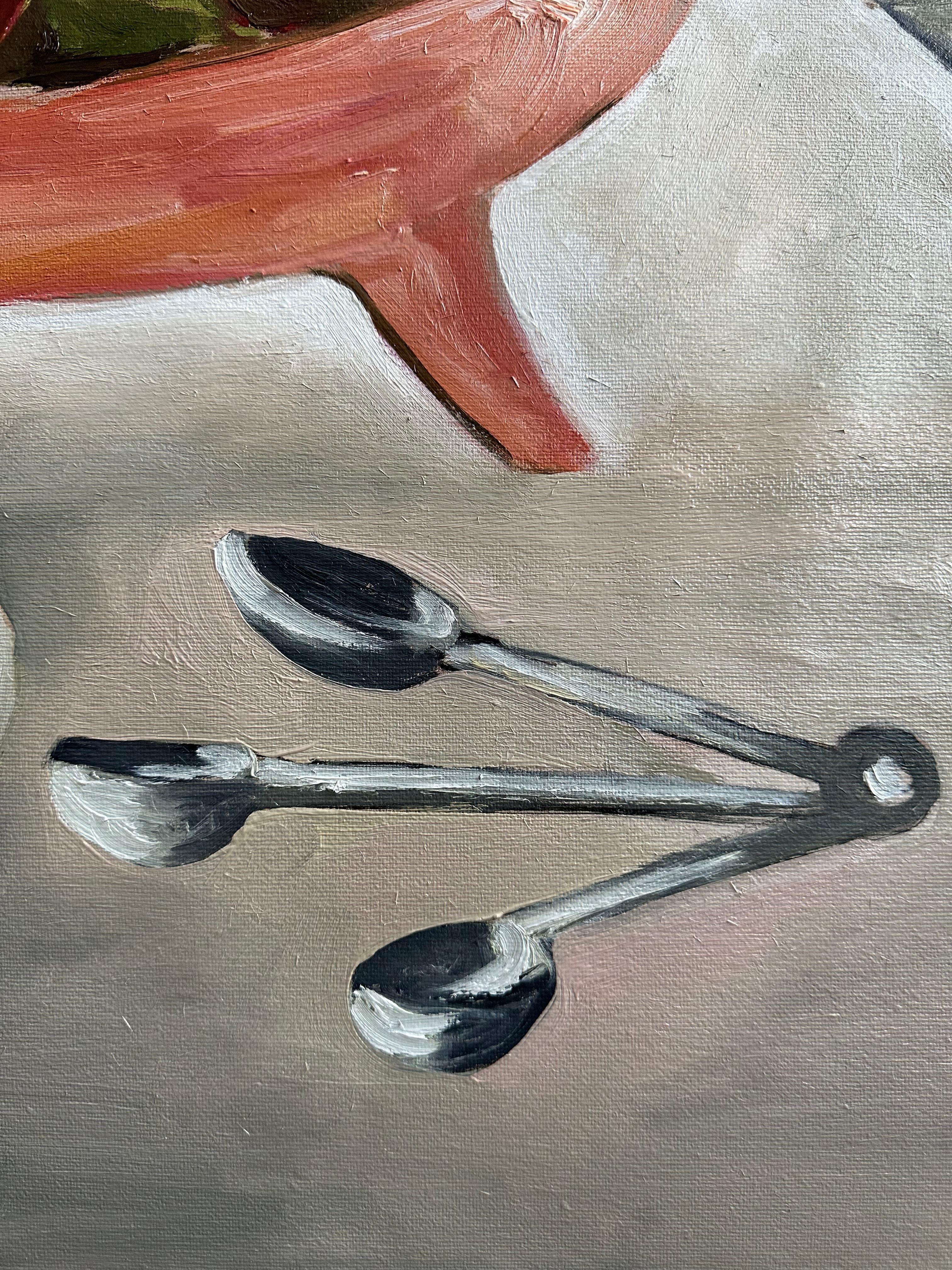 In the Shelter of Morning Light.  Original painting - Gray Still-Life Painting by Roxana Khonkulova