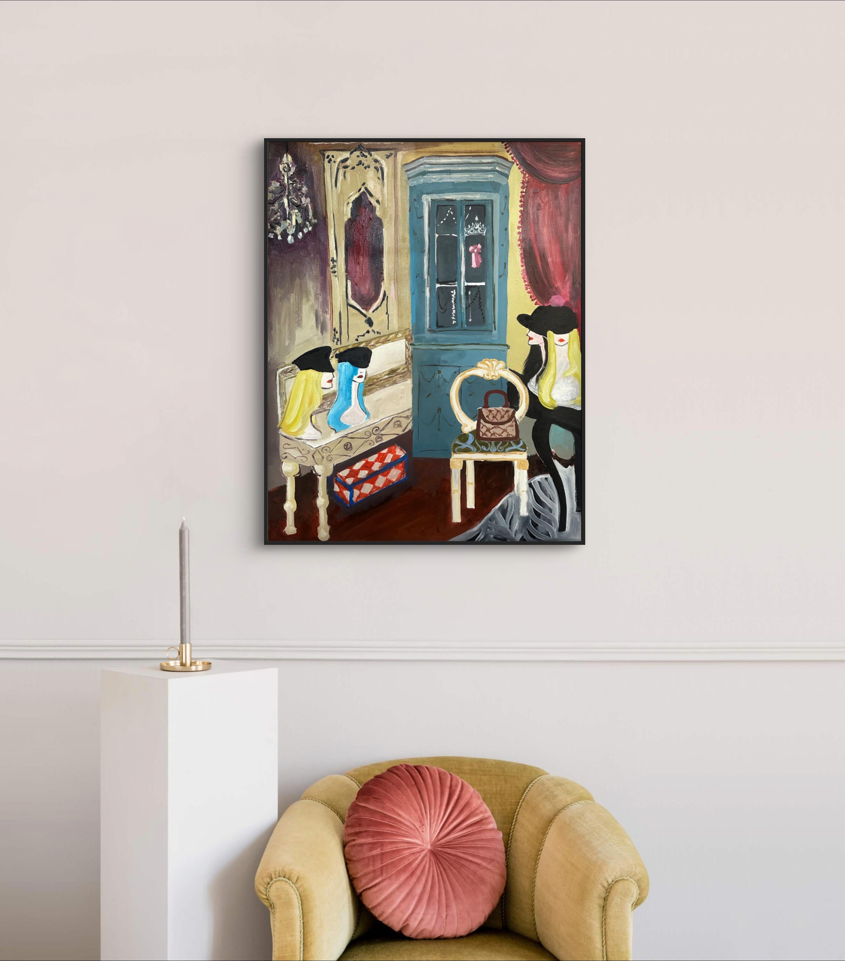 Esta obra de arte capta un momento lleno de elegancia y misterio atemporales. Cada detalle invita al espectador a reflexionar sobre las historias ocultas en la atmósfera de un lujoso camerino.