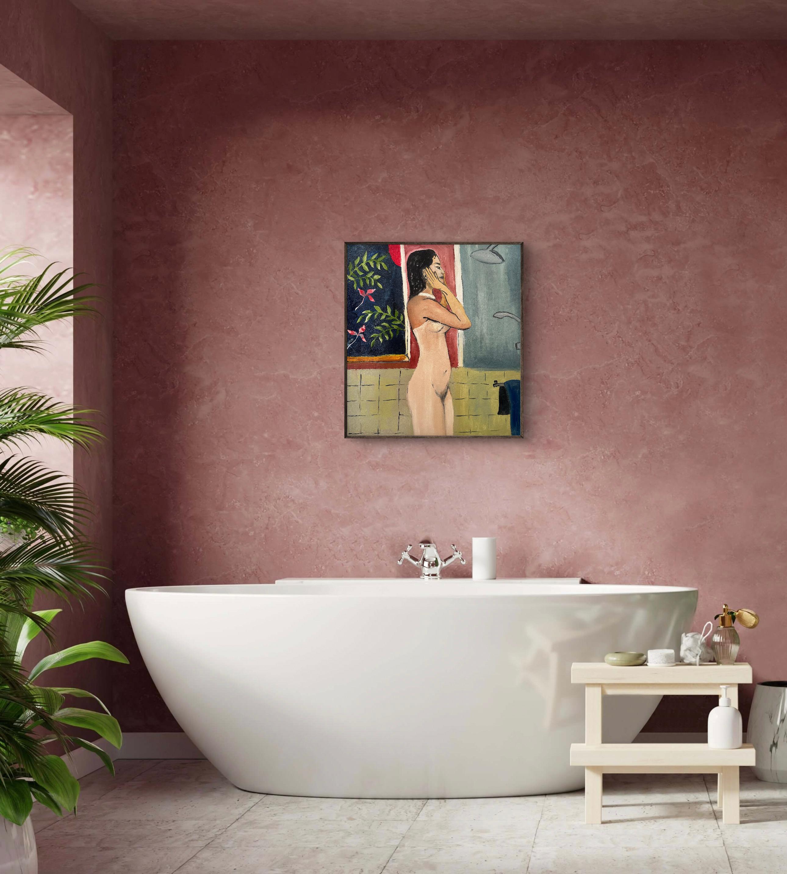 Reflejos en el baño - Nude Painting Marrón de Roxana Khonkulova