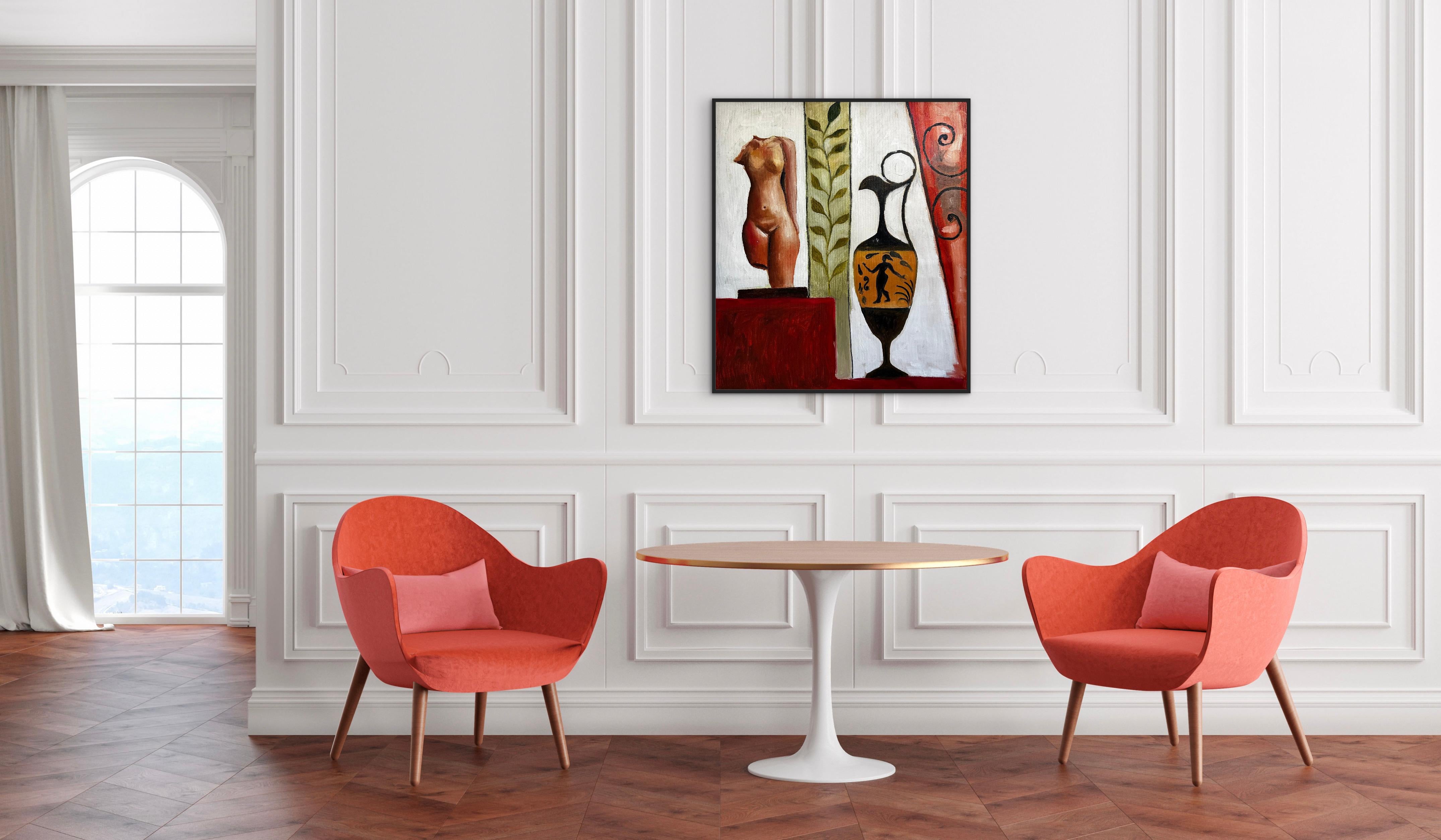 An intuitively created work, born without a prior plan.
I’ve always been drawn to references to antiquity, especially when the human figure appears not literally, but through form and sensation.
Then the painting begins to lead on its own: images