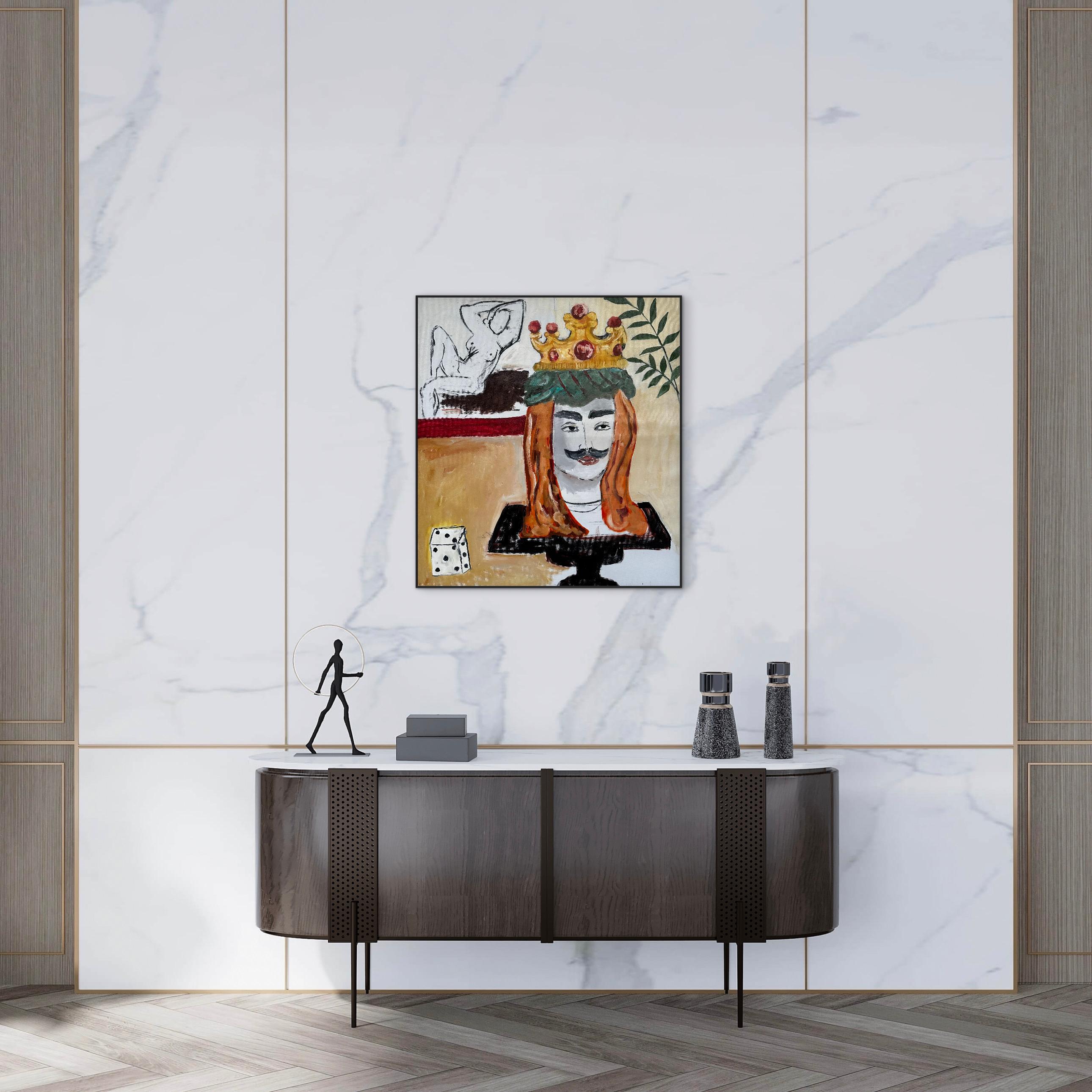 Unprocessed desire - an inner game where attraction and risk exist side by side and give no peace. There is no attempt to explain its logic. The crown, the female figure, the die - a hint at the game of chance - where desire remains unbroken into