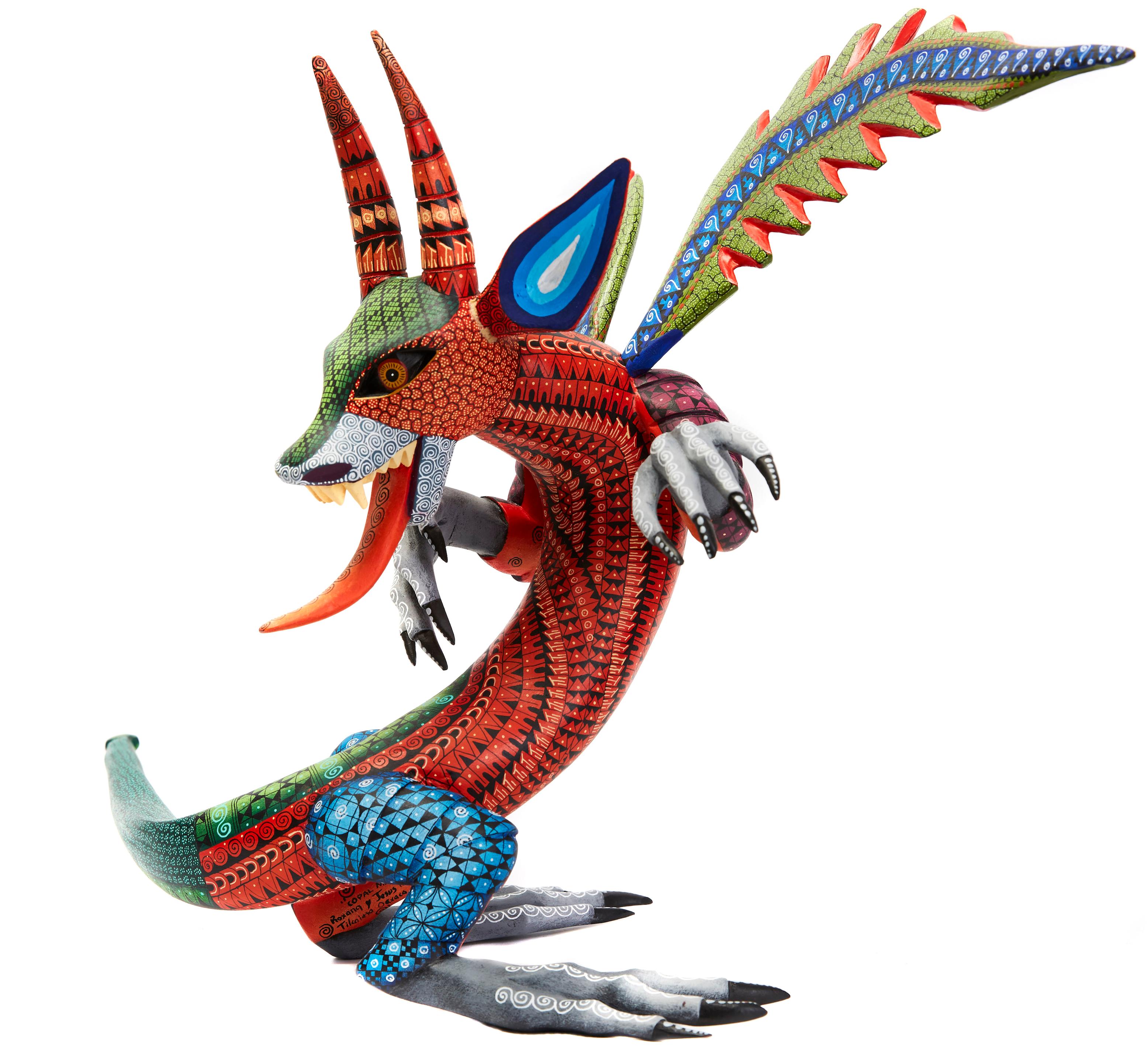 Dragon Fantastico - Fantastic Dragon Alebrije - Mexican Folk Art - Wood Carving  - Brown Abstract Sculpture by Roxana y Jesus Hernandez