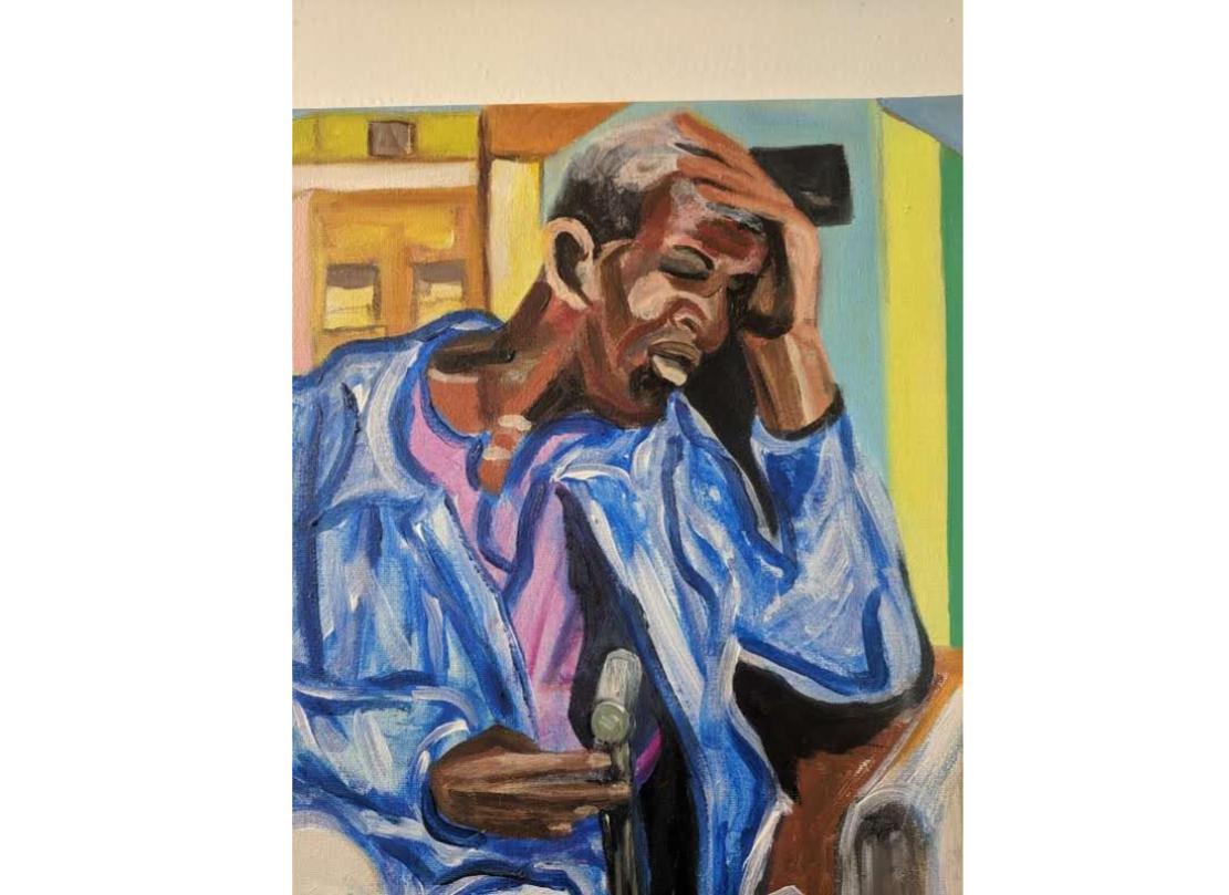 This is an acrylic and mixed media portrait of a person seating in a beige settee while holding a cane in hand. As in other paintings by Melendez, the narrative is open to many interpretations: What does this person's face reveal? Is this person in