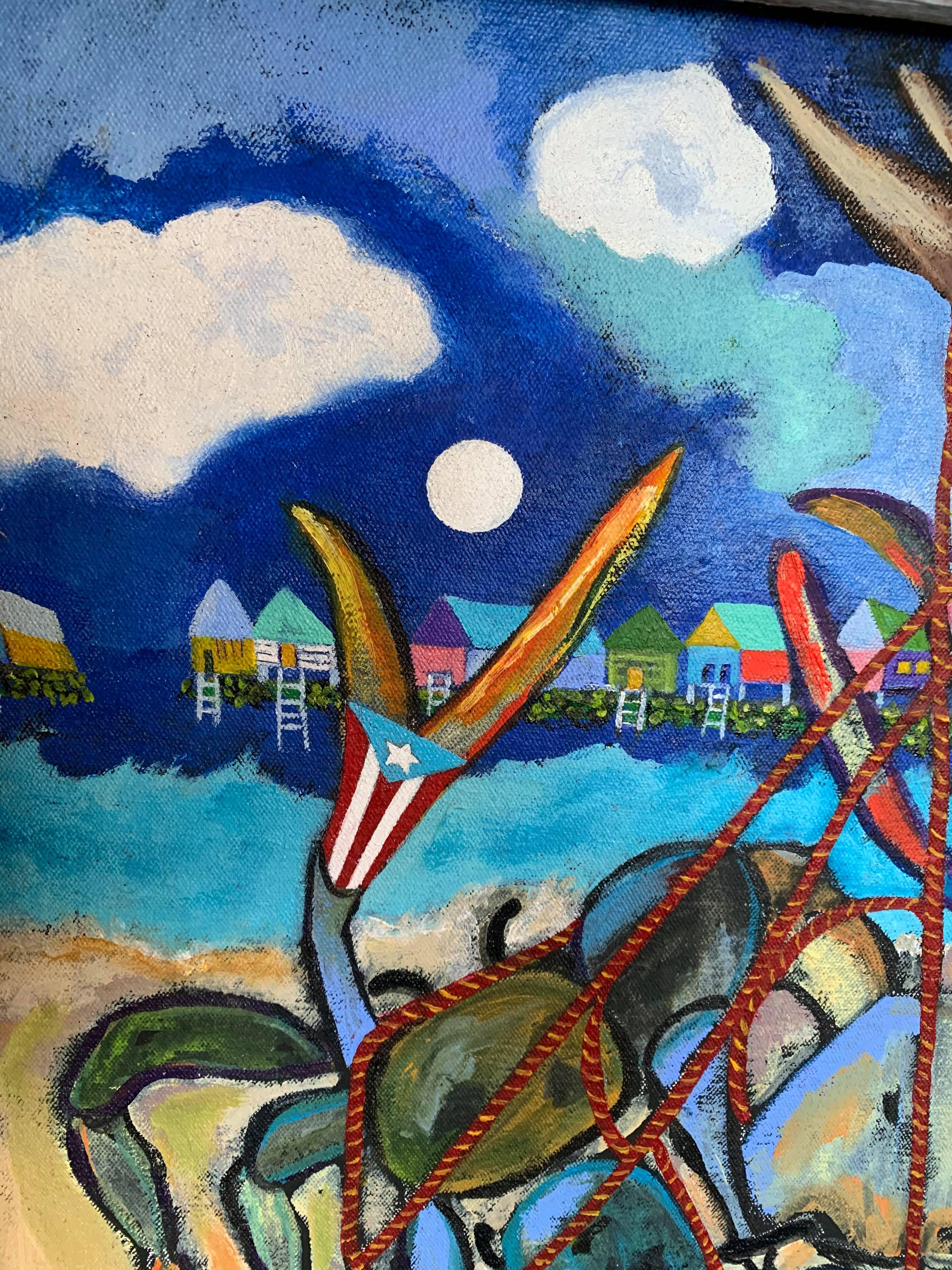 This mixed media painting is of crabs caught in a net. Framing the cerulean blue crabs are green and violet grapes hanging off of a branch. There houses in the fishing village have lights on; the houses on the shoreline run the gamut in colors like