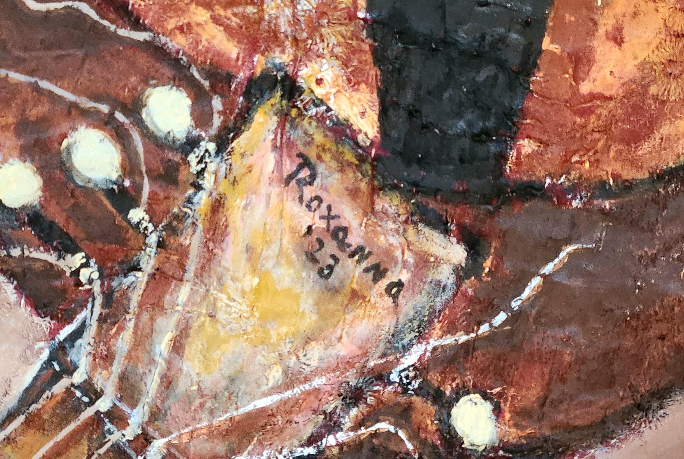 Questo dipinto acrilico su tessuto è un pezzo drammatico che richiama immediatamente l'attenzione per il suo contenuto e le sue dimensioni. Il dipinto mostra diverse figure distinte che suonano una varietà di strumenti. Questa grande opera d'arte è